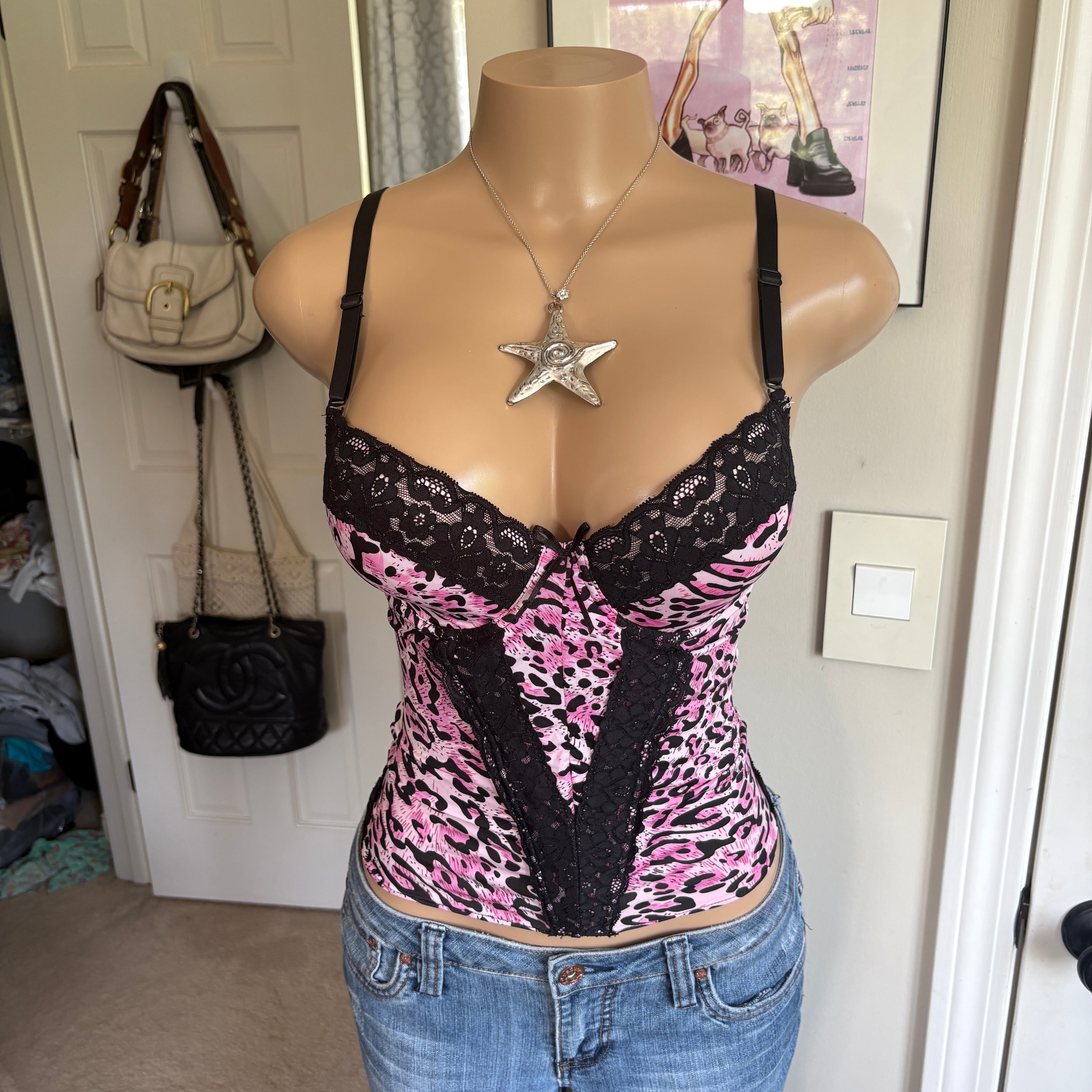 00s pink leopard print bustier corset top (size 34C)