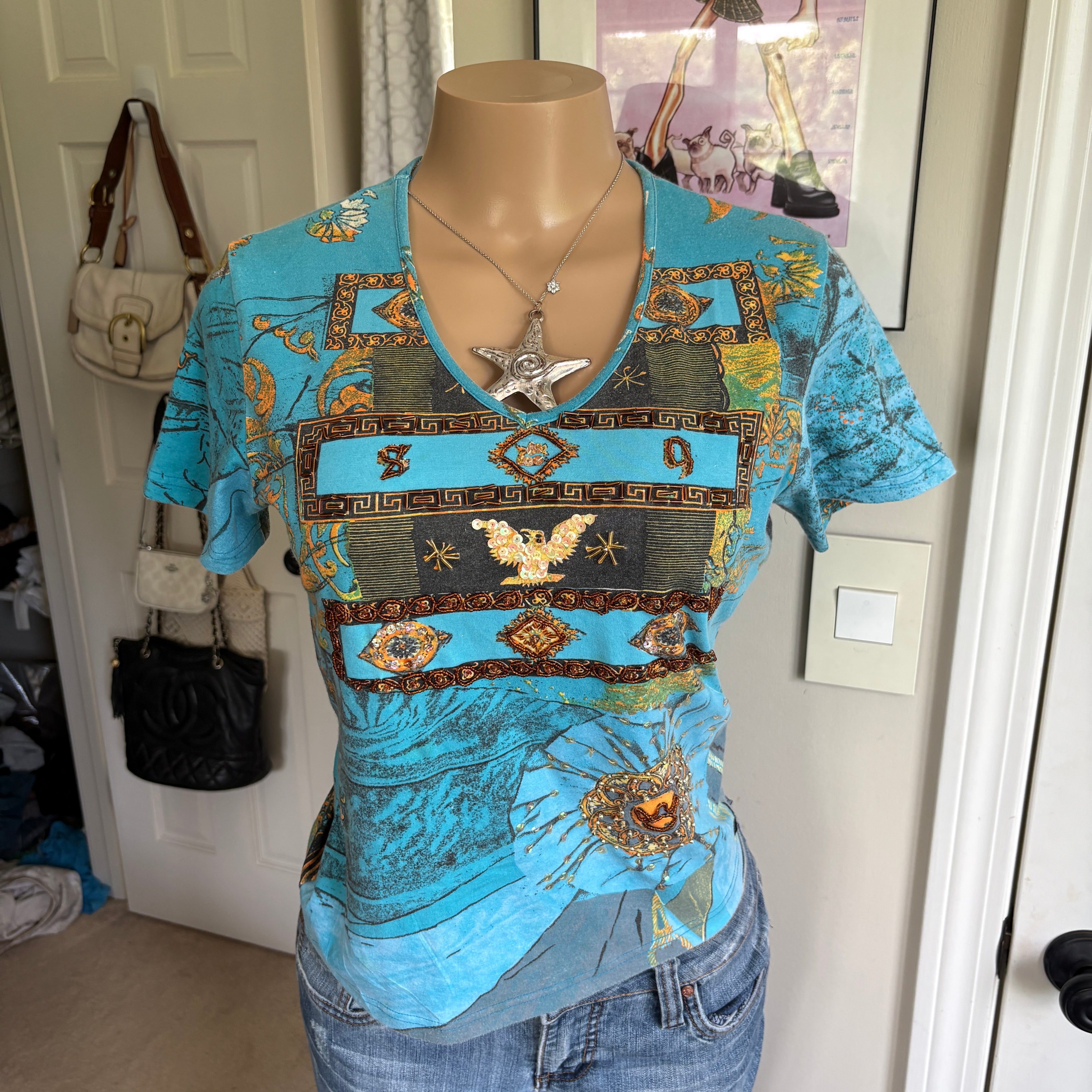 00s Miss Sixty blue aztec short sleeve top (size L)