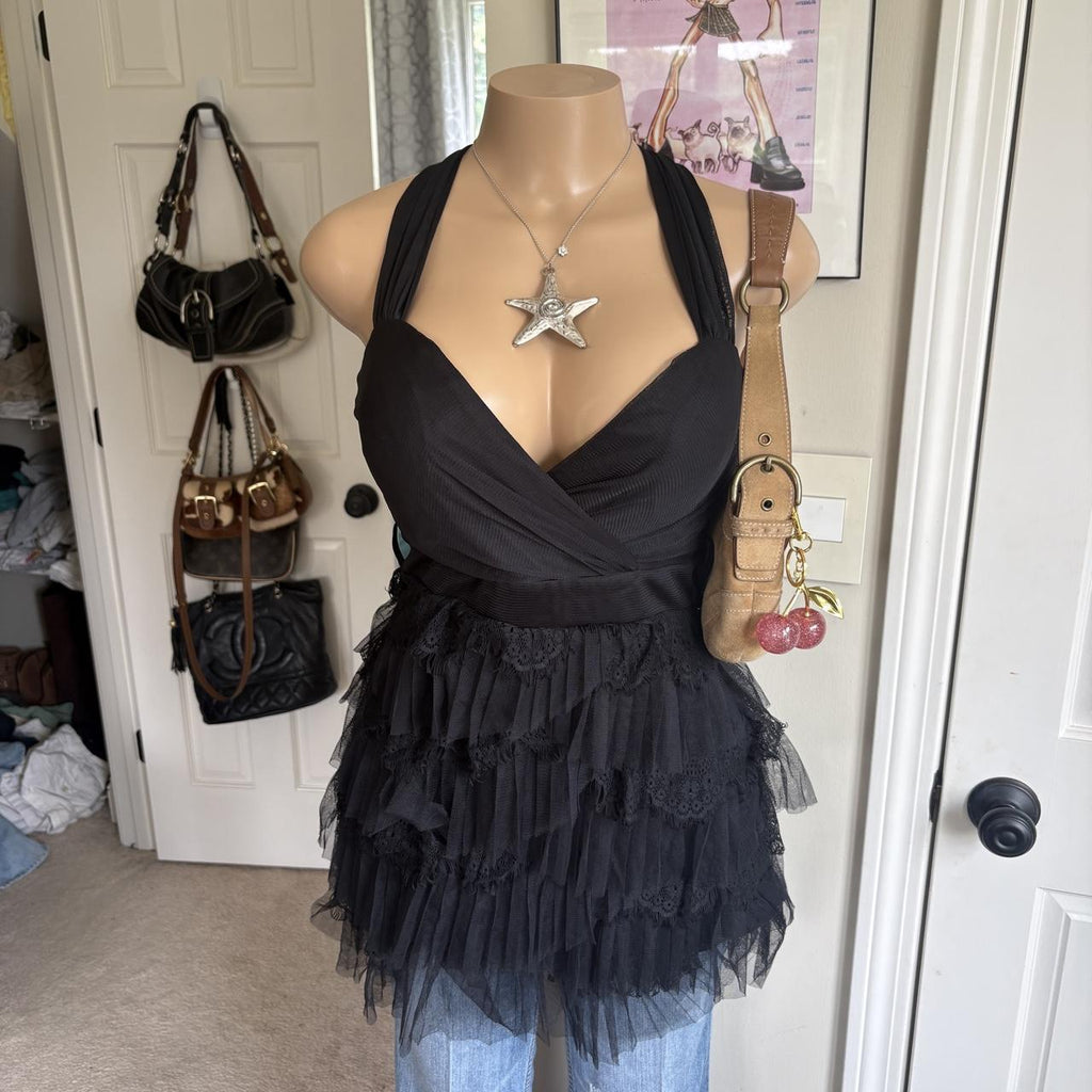 y2k 2000s Morgan de Toi black lace ruffle halter dress