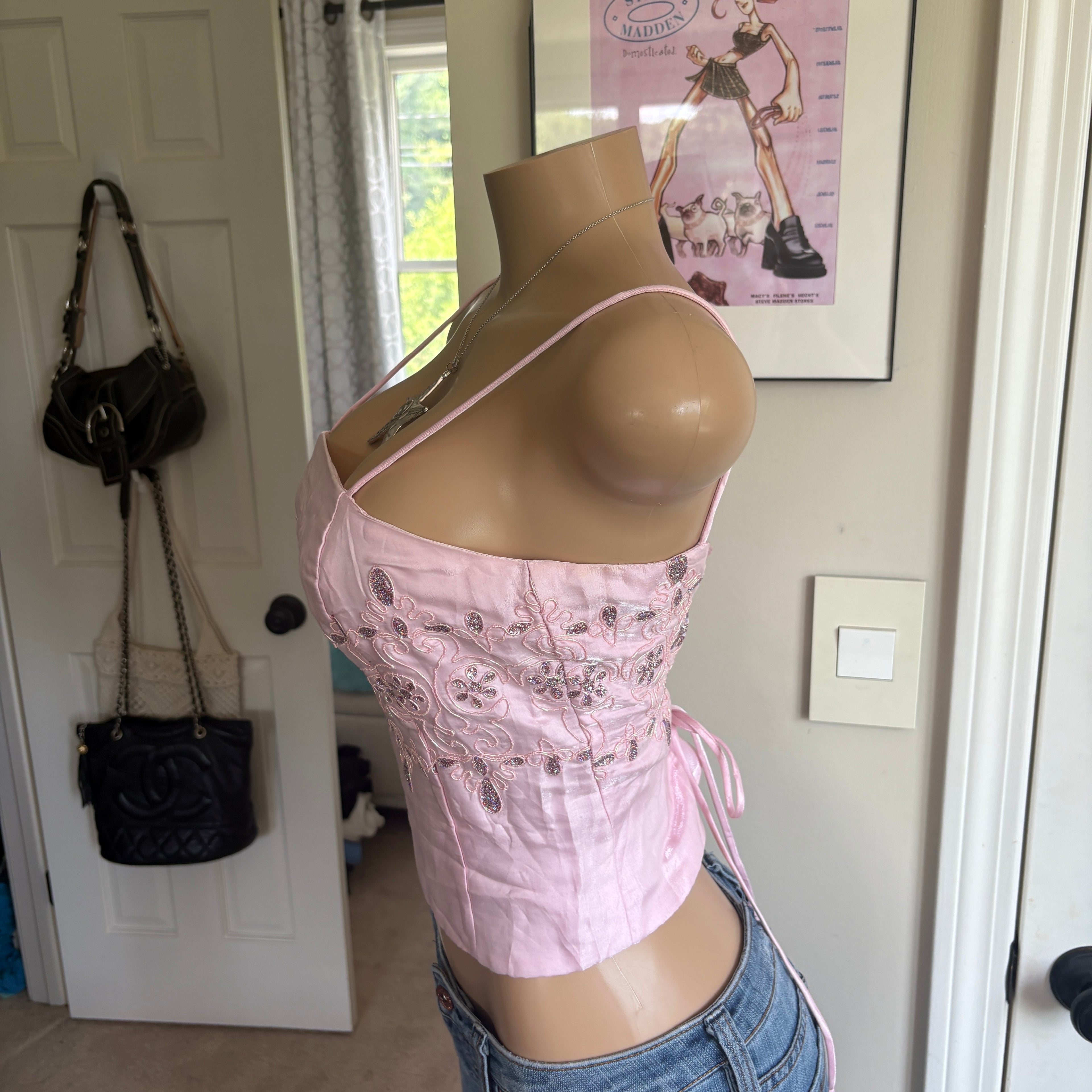 00s pink floral beaded corset cami top (size S)