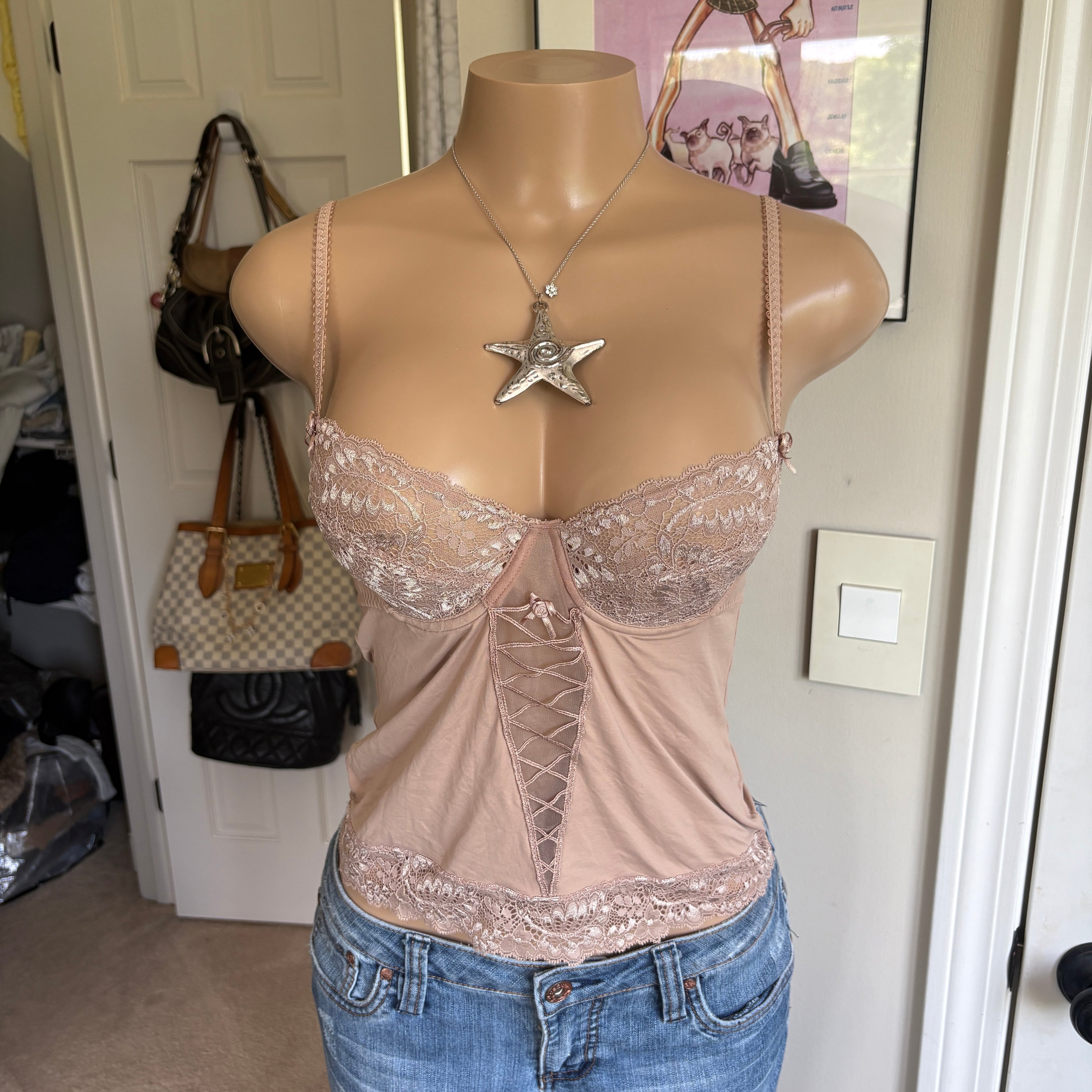 00s tan lace floral bustier cami top (size S)