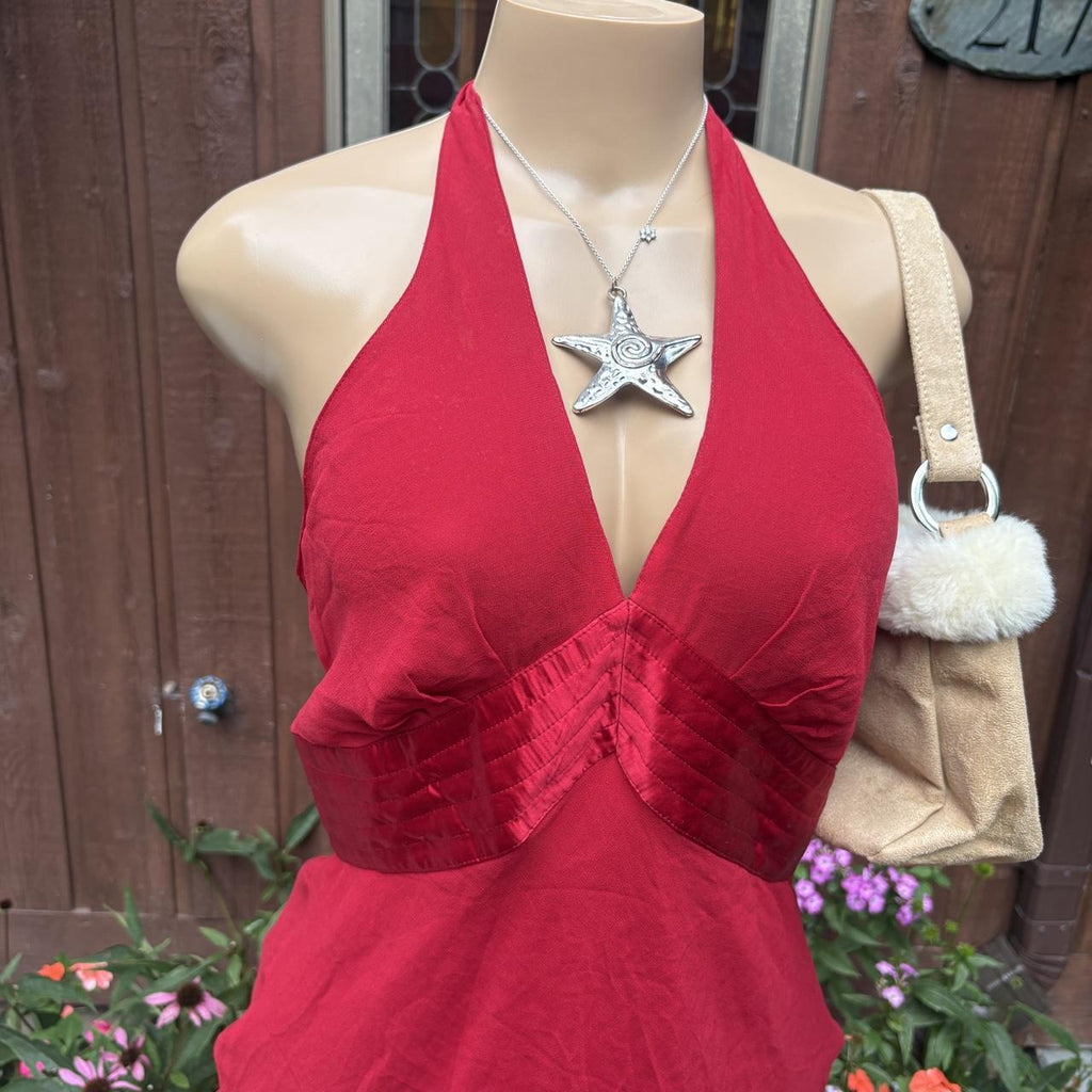 Y2K 2000s Express silk Red Halter Plunge babydoll dress