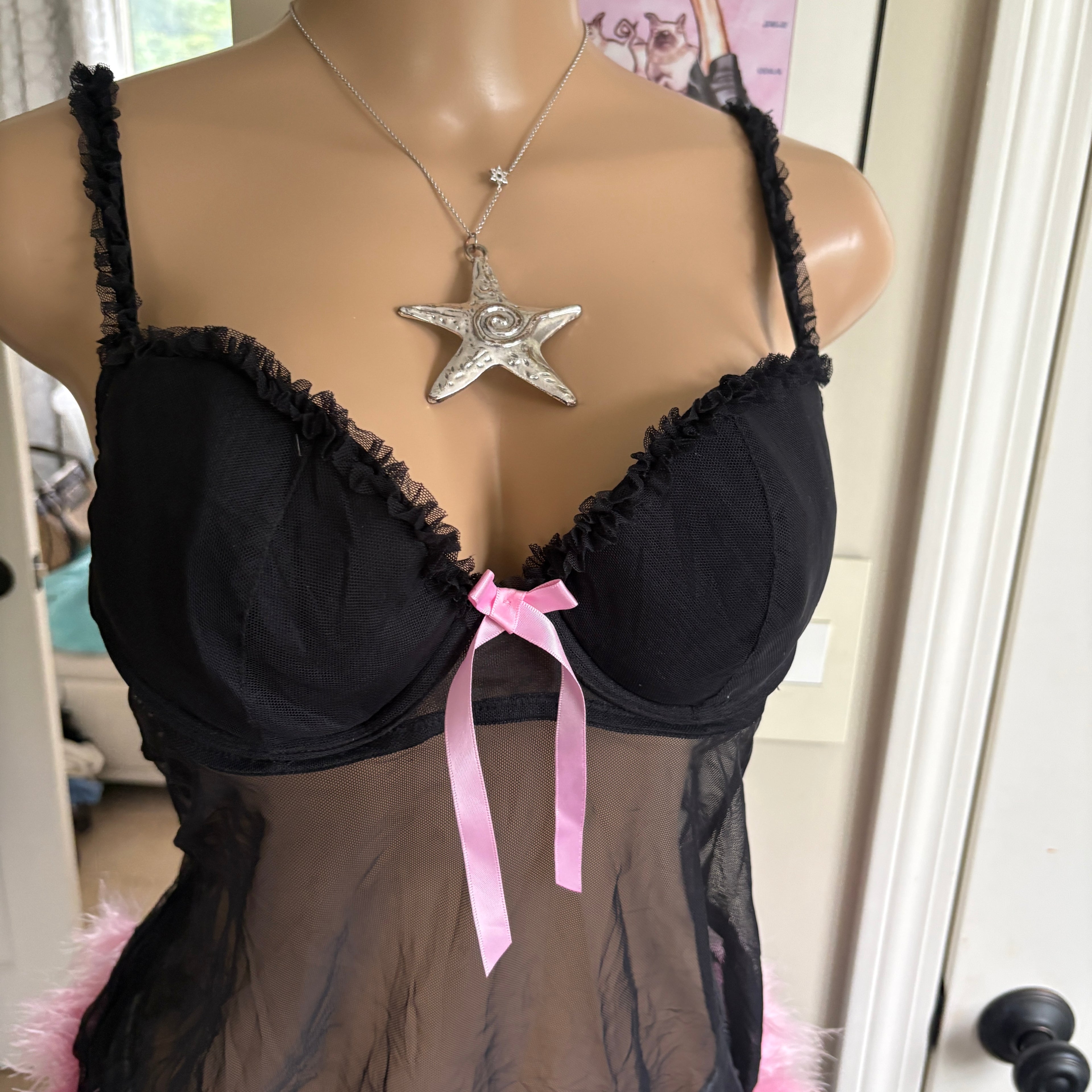 00s black & pink feather bustier cami (size L)