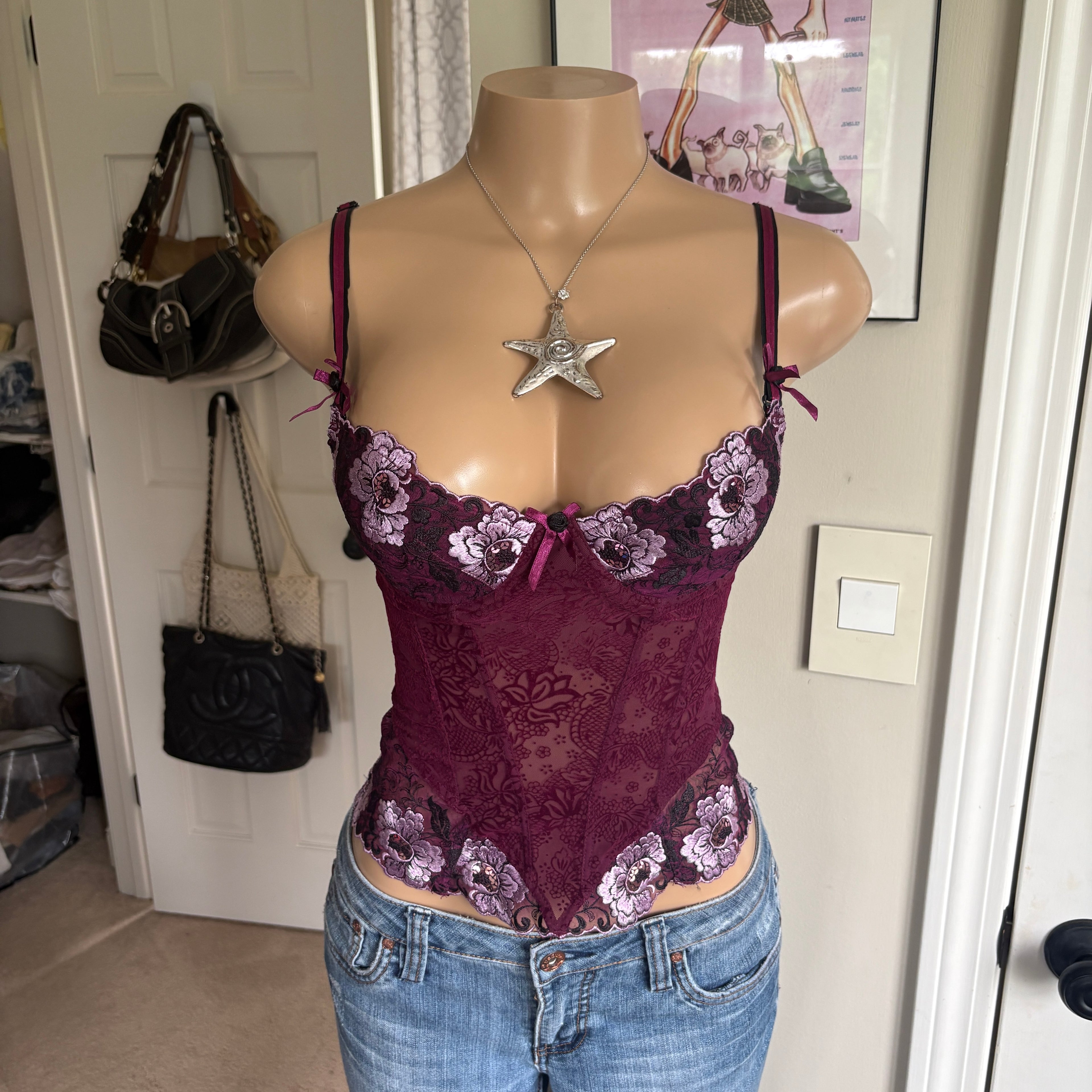 00s purple floral bustier corset top (size 32C)