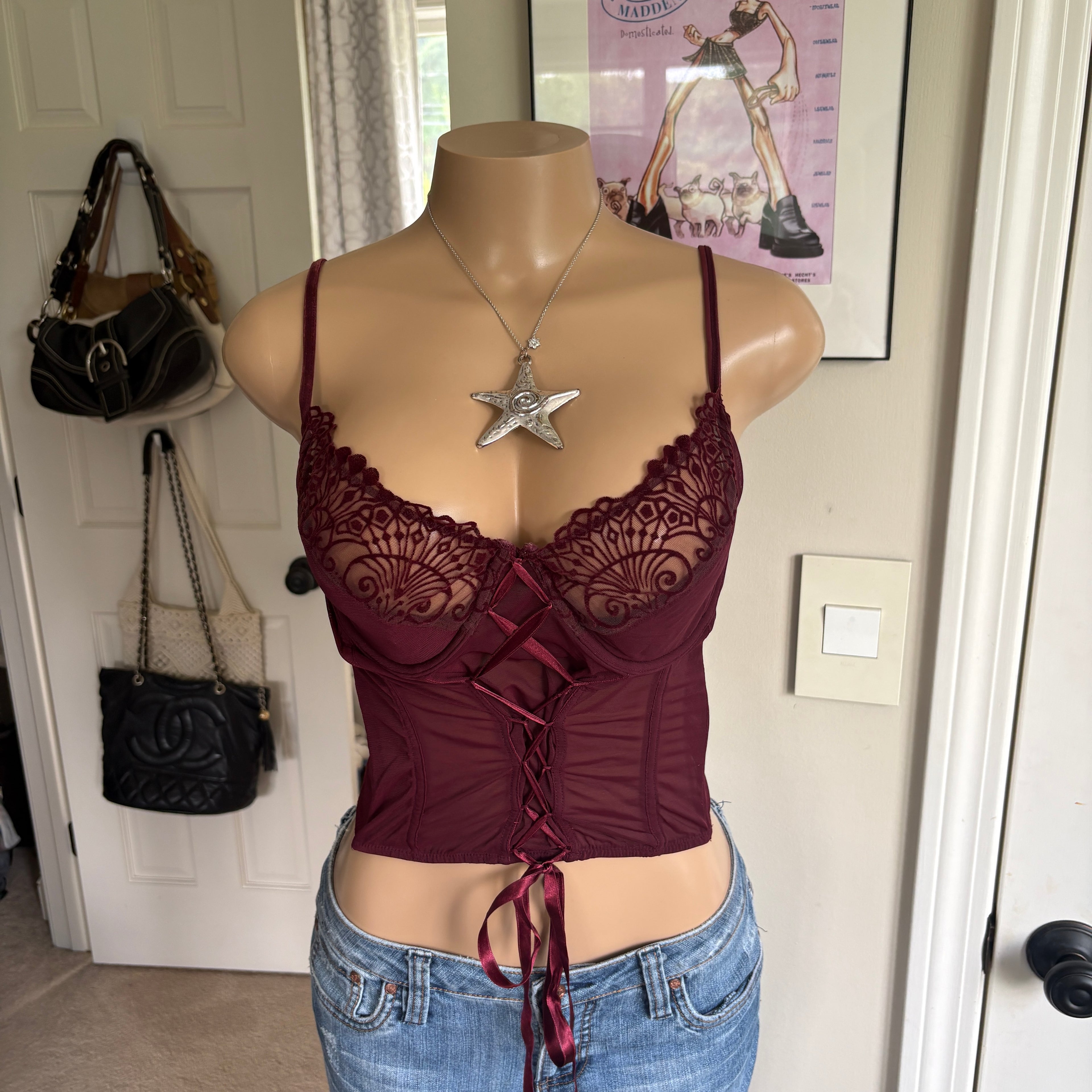00s burgundy lace corset top (size M)