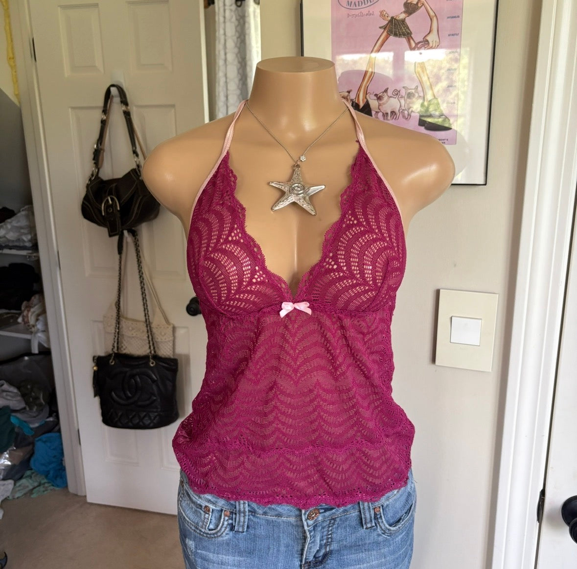 00s magenta mesh bow halter top (size L)
