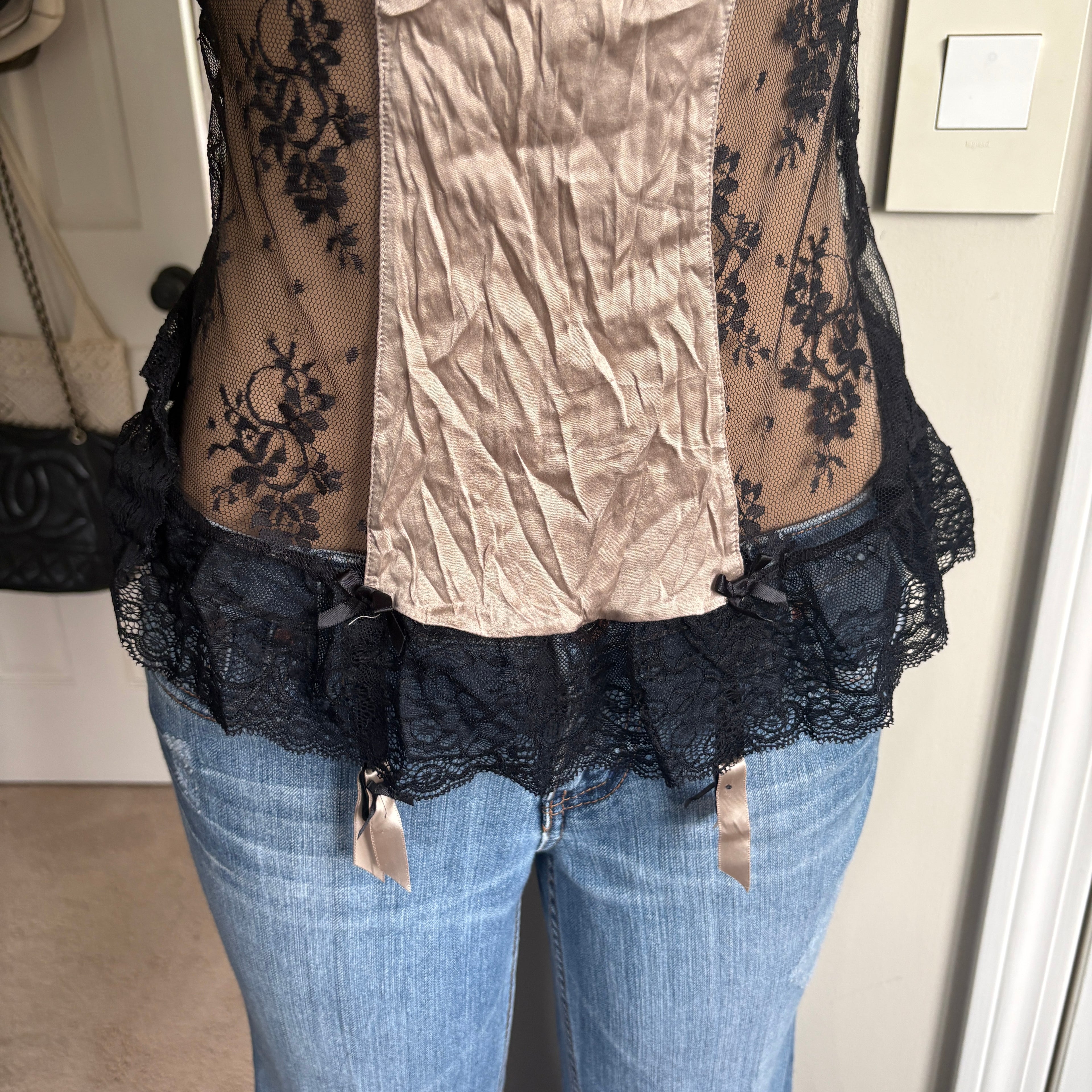 00s tan & black floral corset bustier top (size (Copy) (Copy) (Copy) (Copy 12)