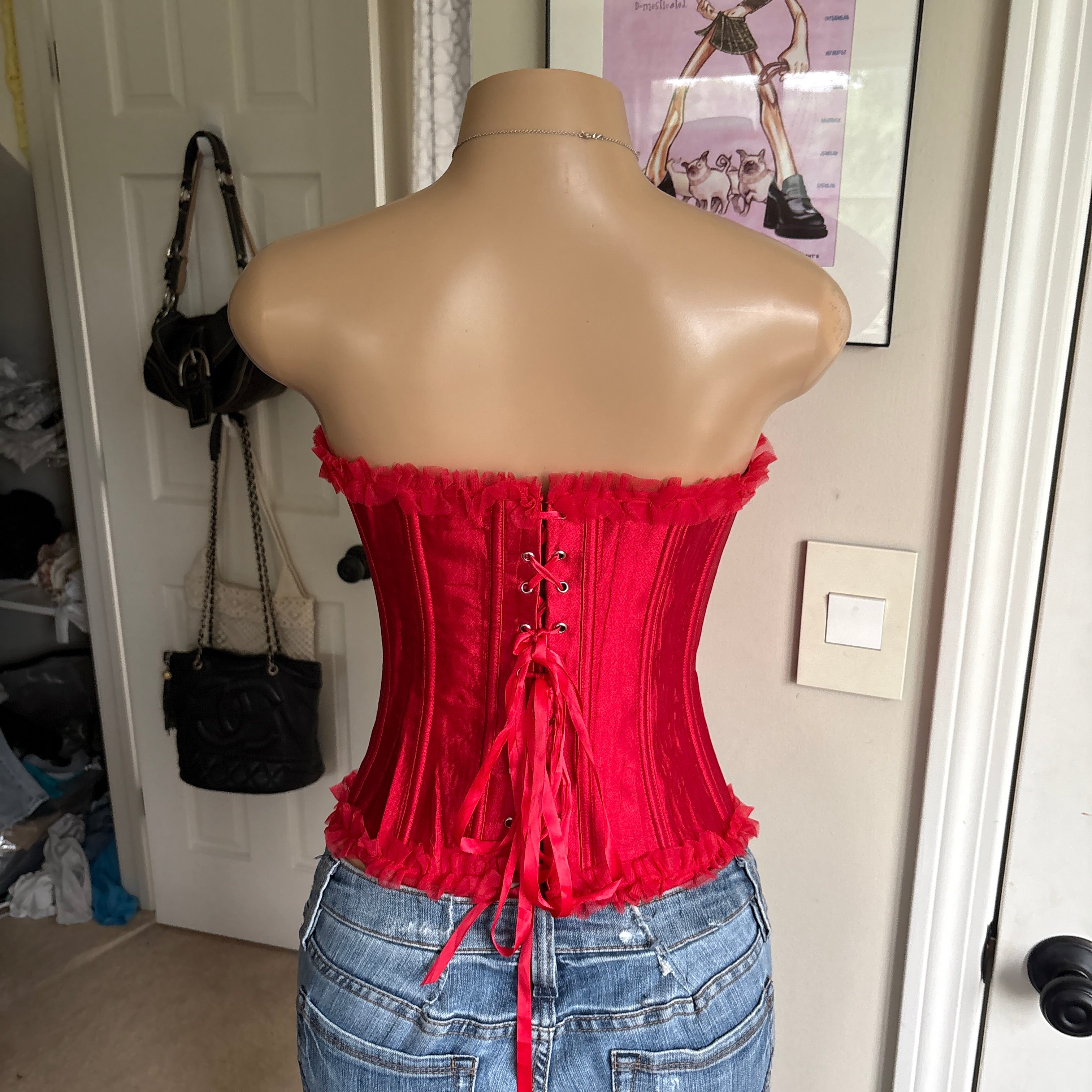 00s red bustier strapless corset top (size S)