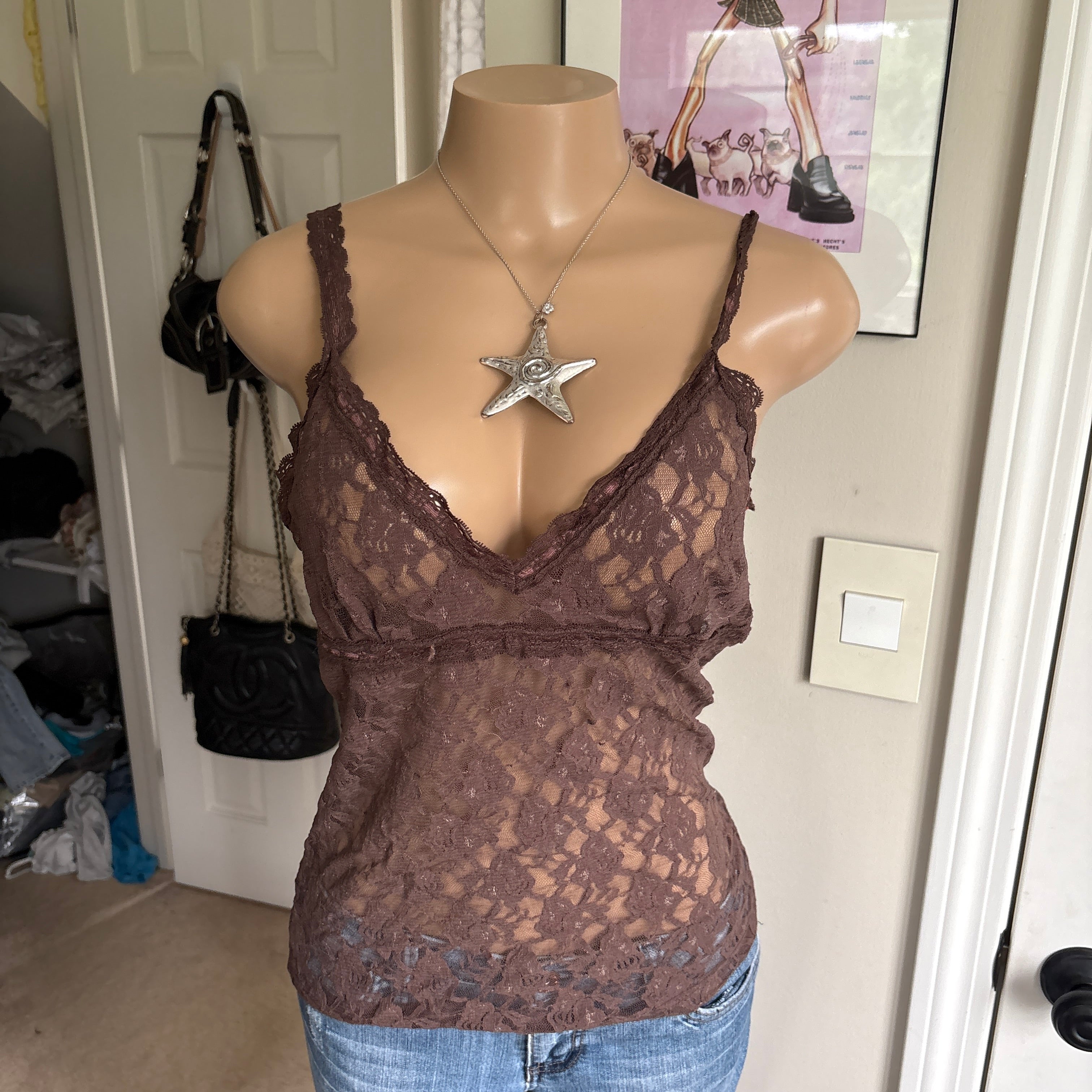 00s brown floral lace v neck cami (size L)