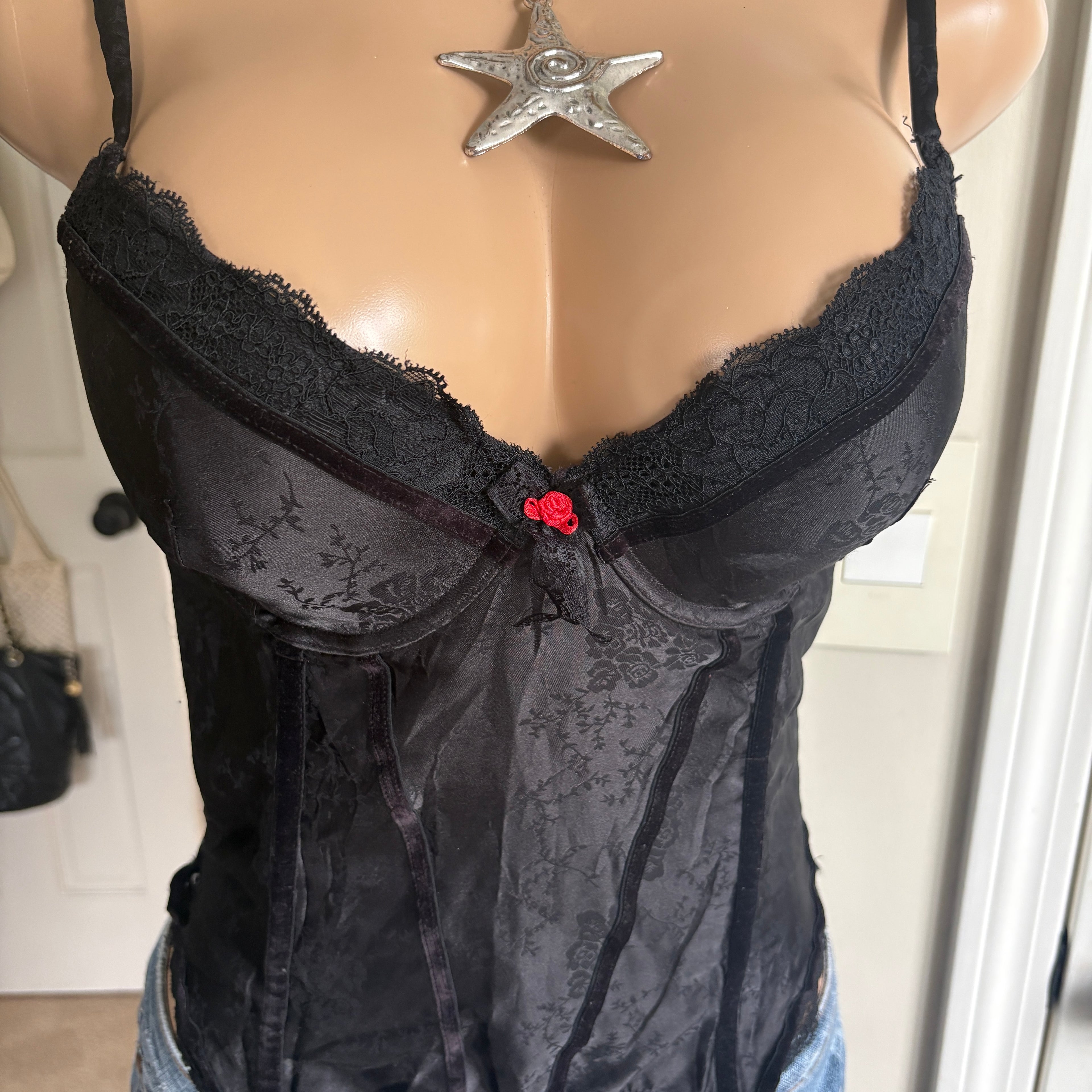 00s black floral rosette corset bustier top (size 36B)