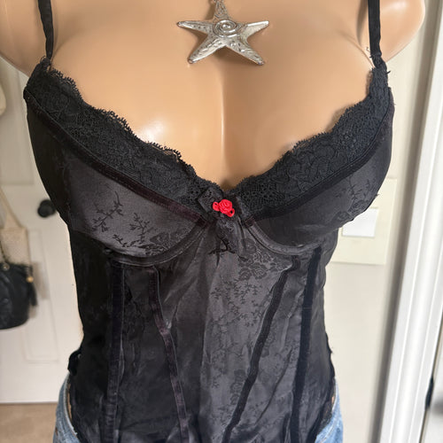 00s black floral rosette corset bustier top (size 36B)