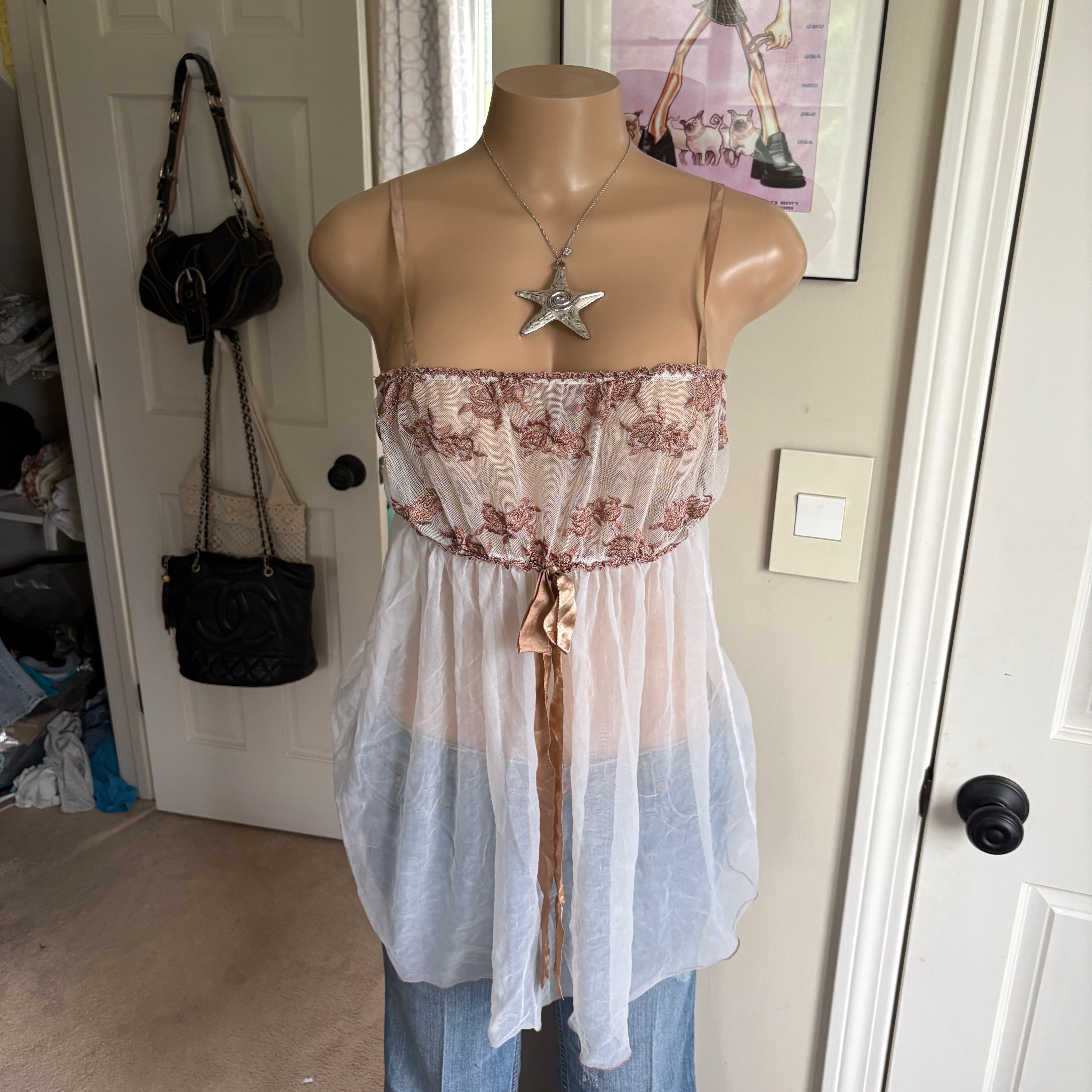 00s floral sheer babydoll lingerie cami (size L)