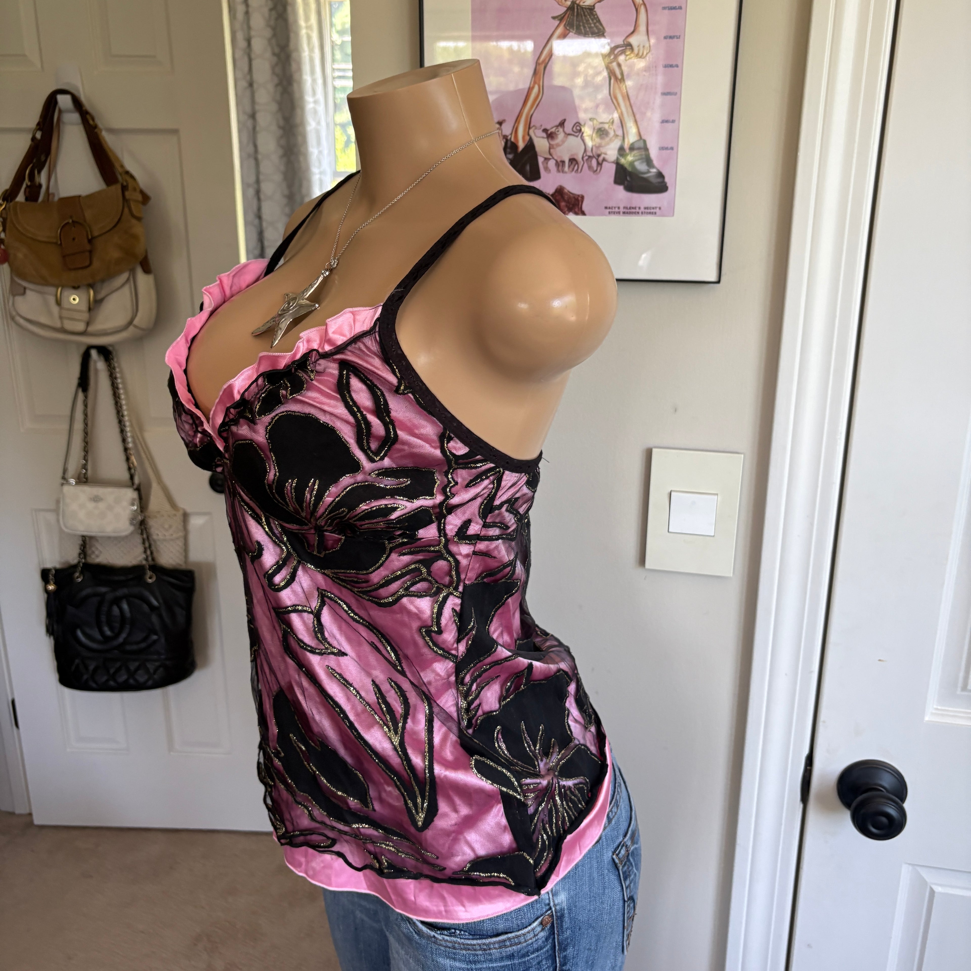 00s black & pink floral v neck cami (size M)