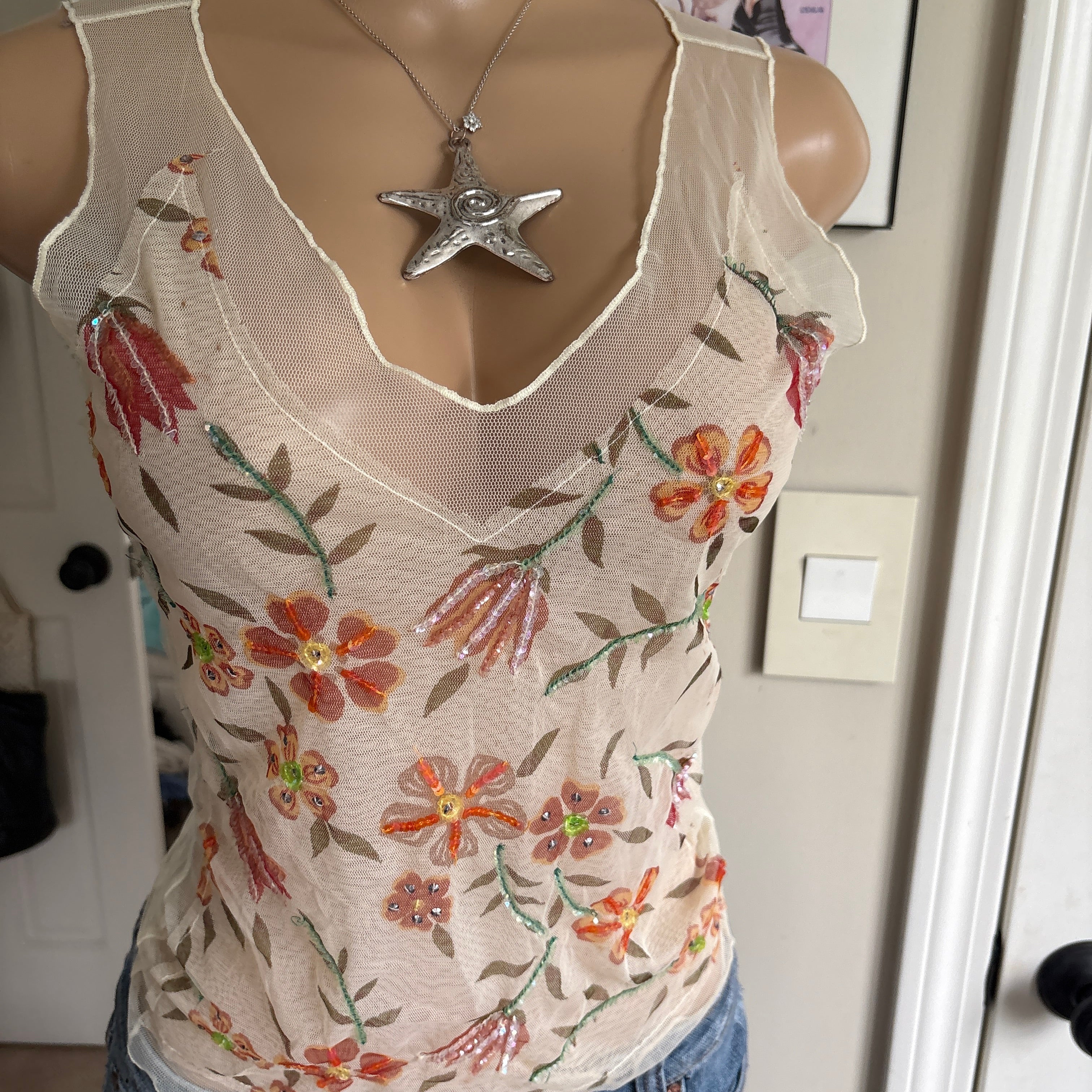 00s sheer floral beaded mesh tank top (size M)