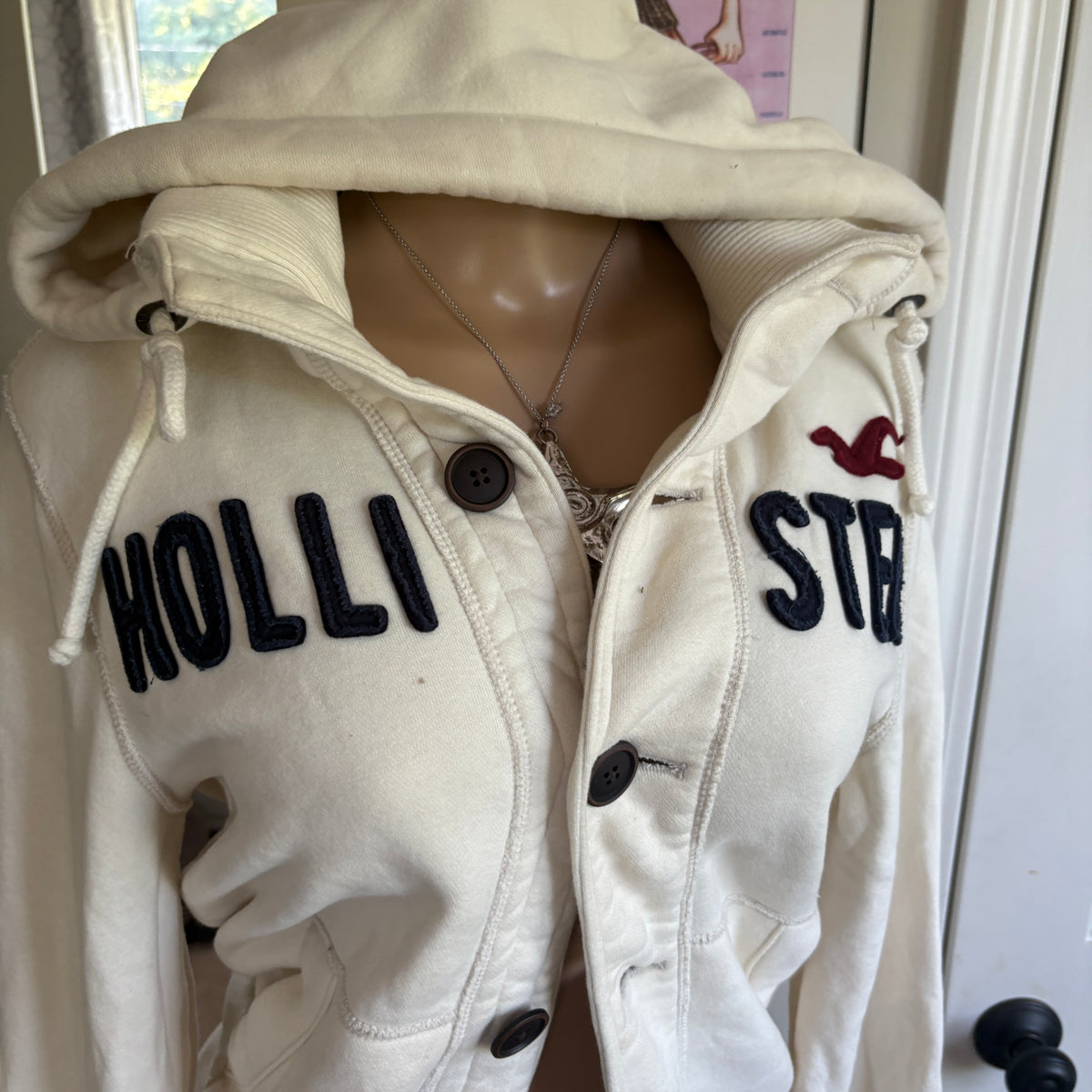 00s Hollister spellout white button up hoodie (size S)
