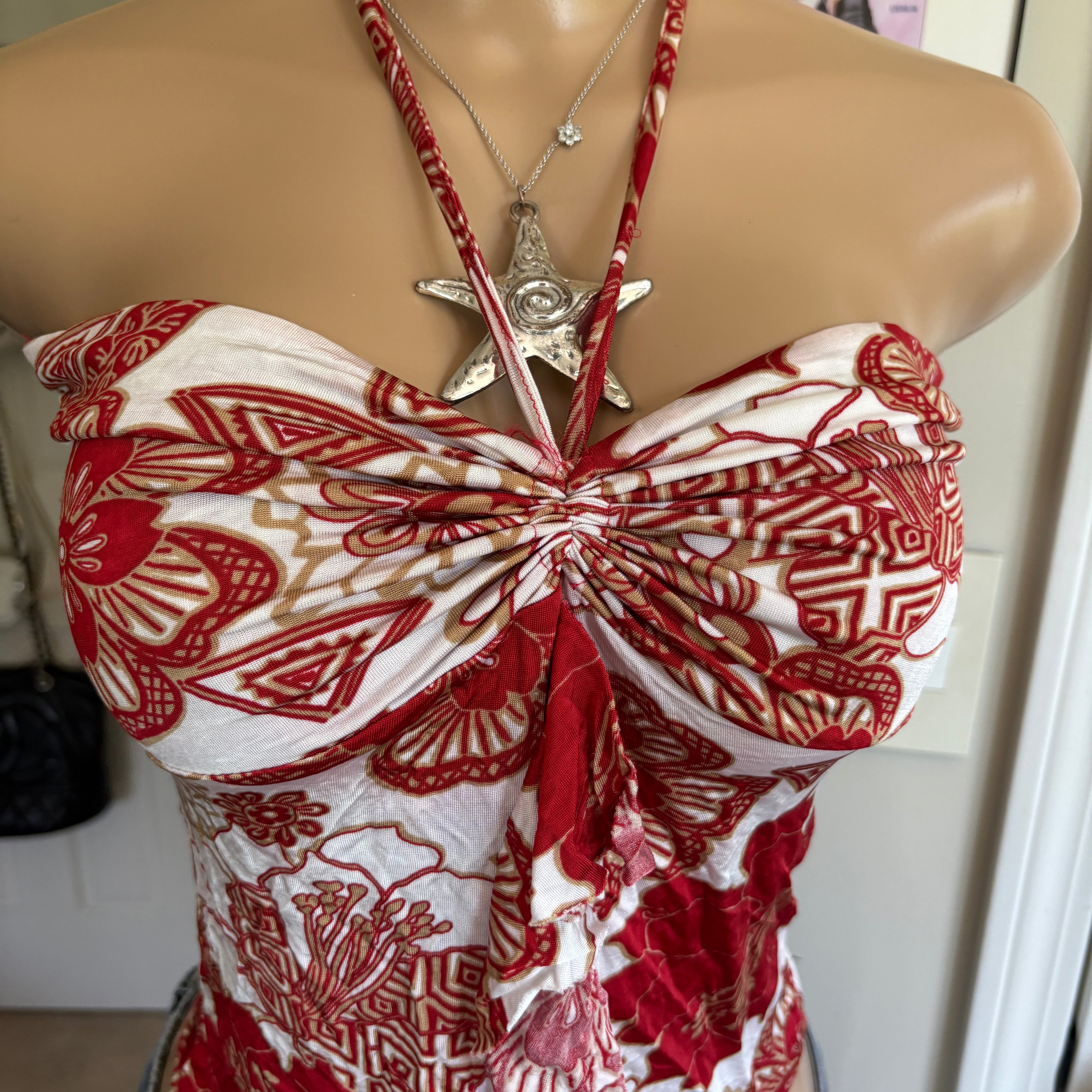 00s red & white floral halter top (size S/M)