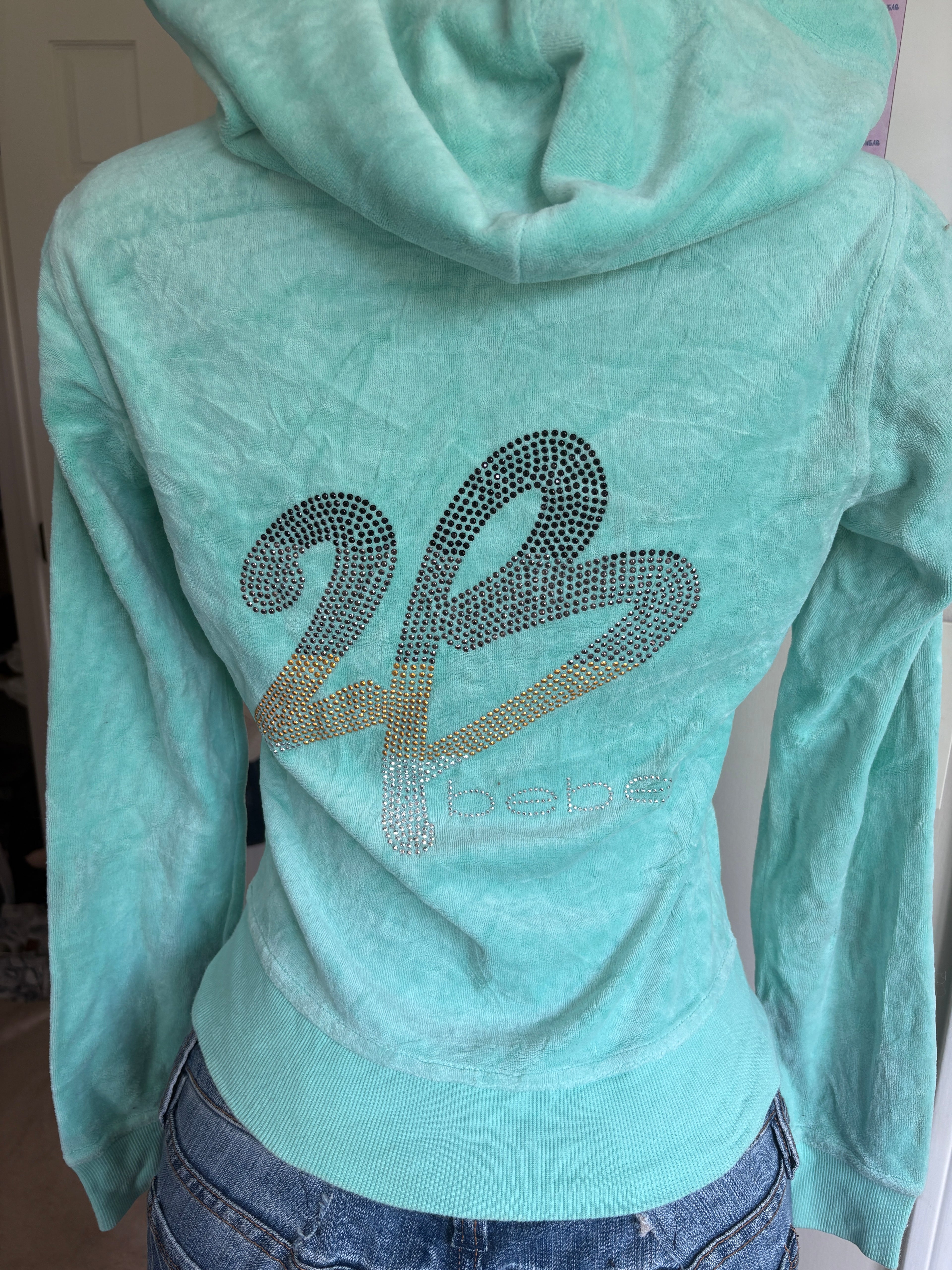 00s Bebe blue velour spellout zip hoodie (size S)