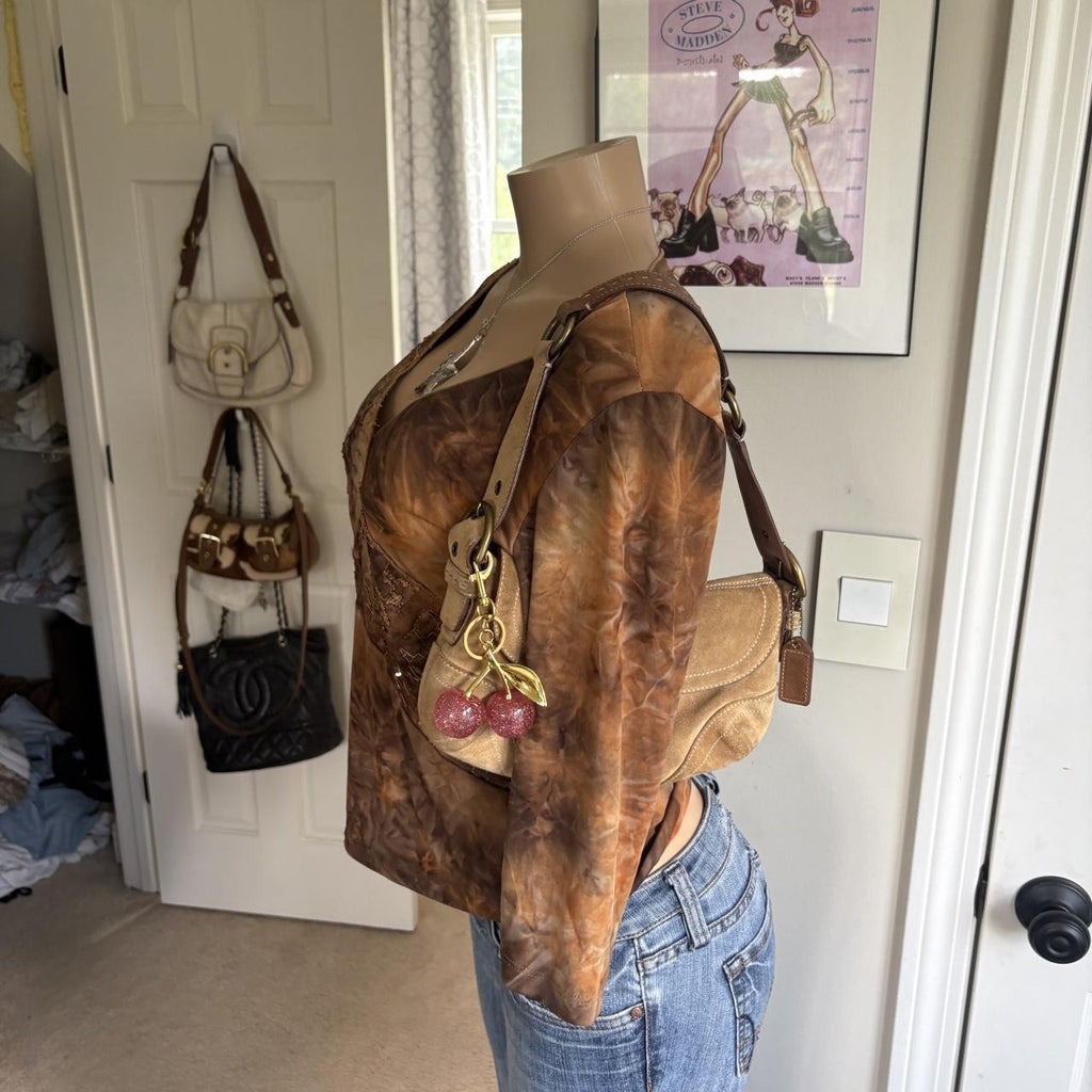 Y2K 2000s Brown Tie Dye Asymmetrical Embroidered Top