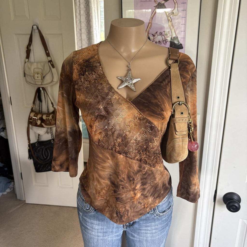 Y2K 2000s Brown Tie Dye Asymmetrical Embroidered Top