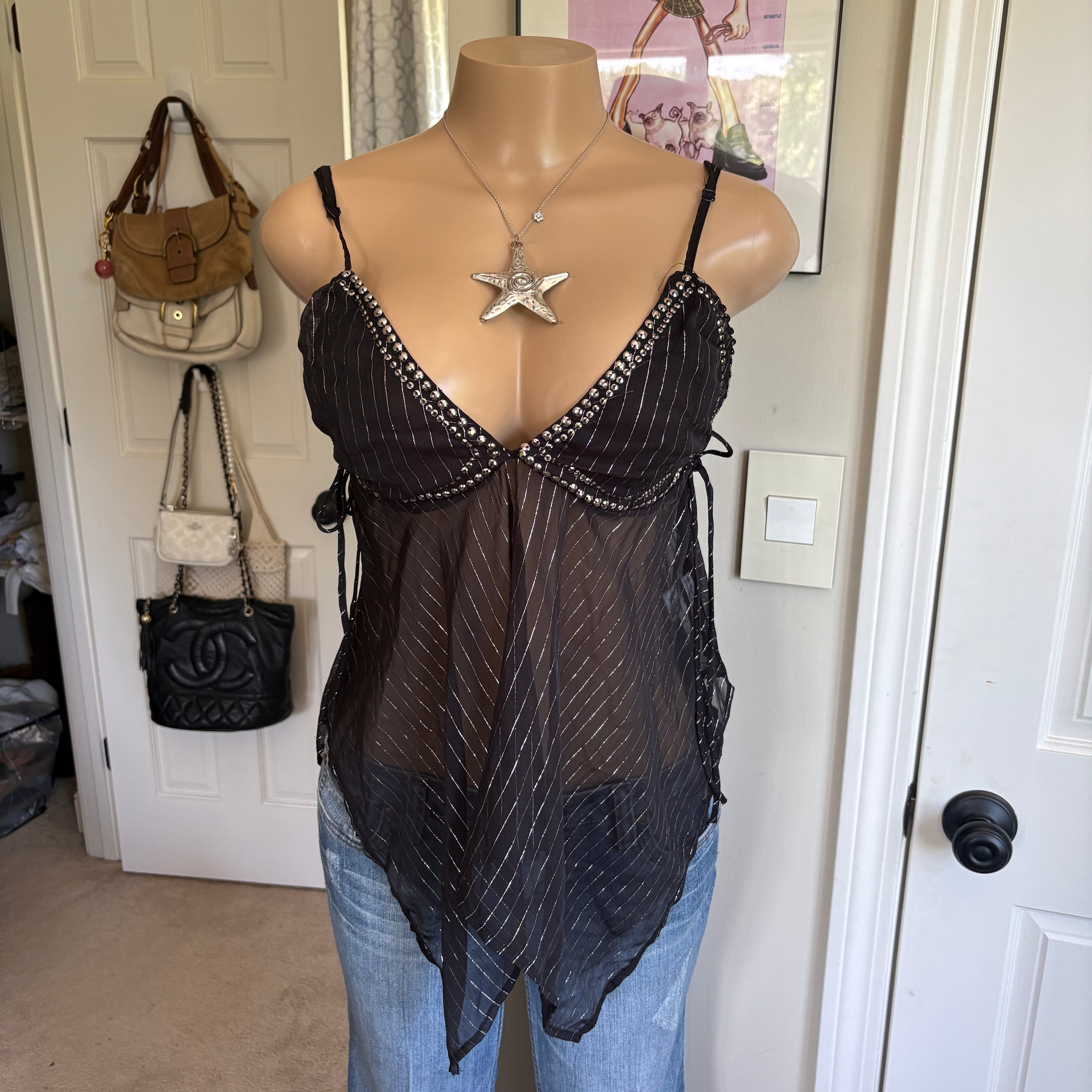00s black beaded striped v neck cami (size S)