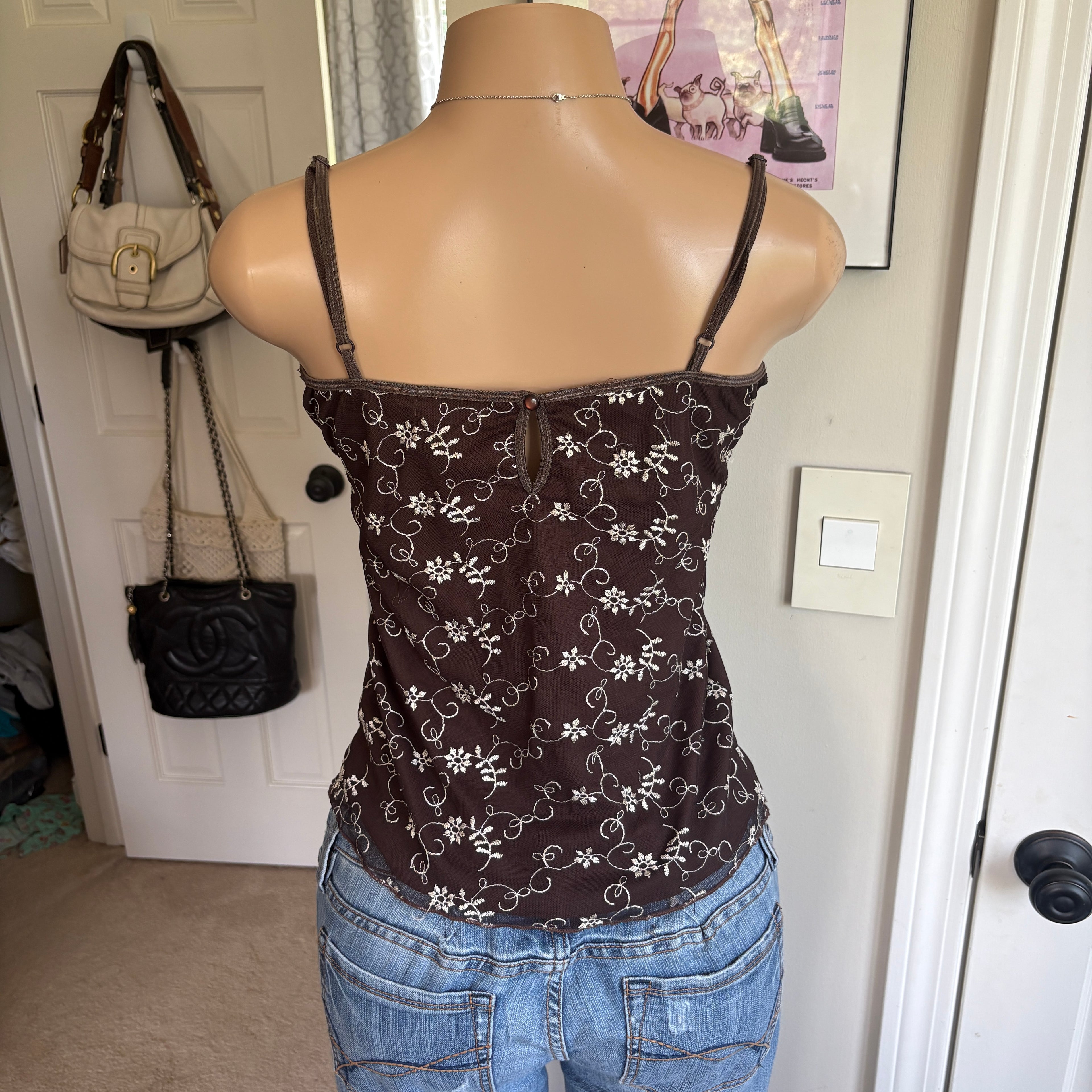 00s brown floral lace v neck cami (size S/M)