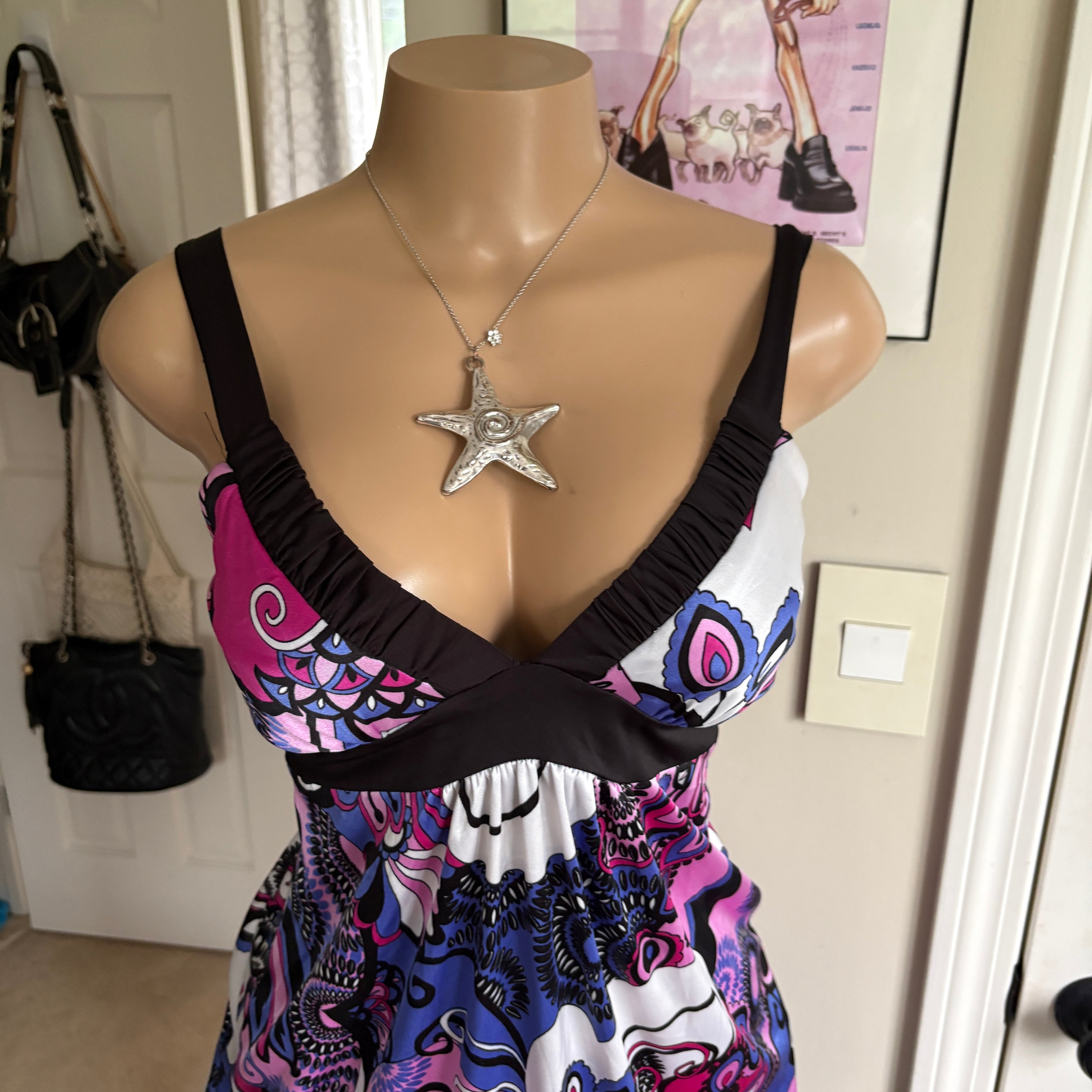 00s purple floral tie back dress (size M)