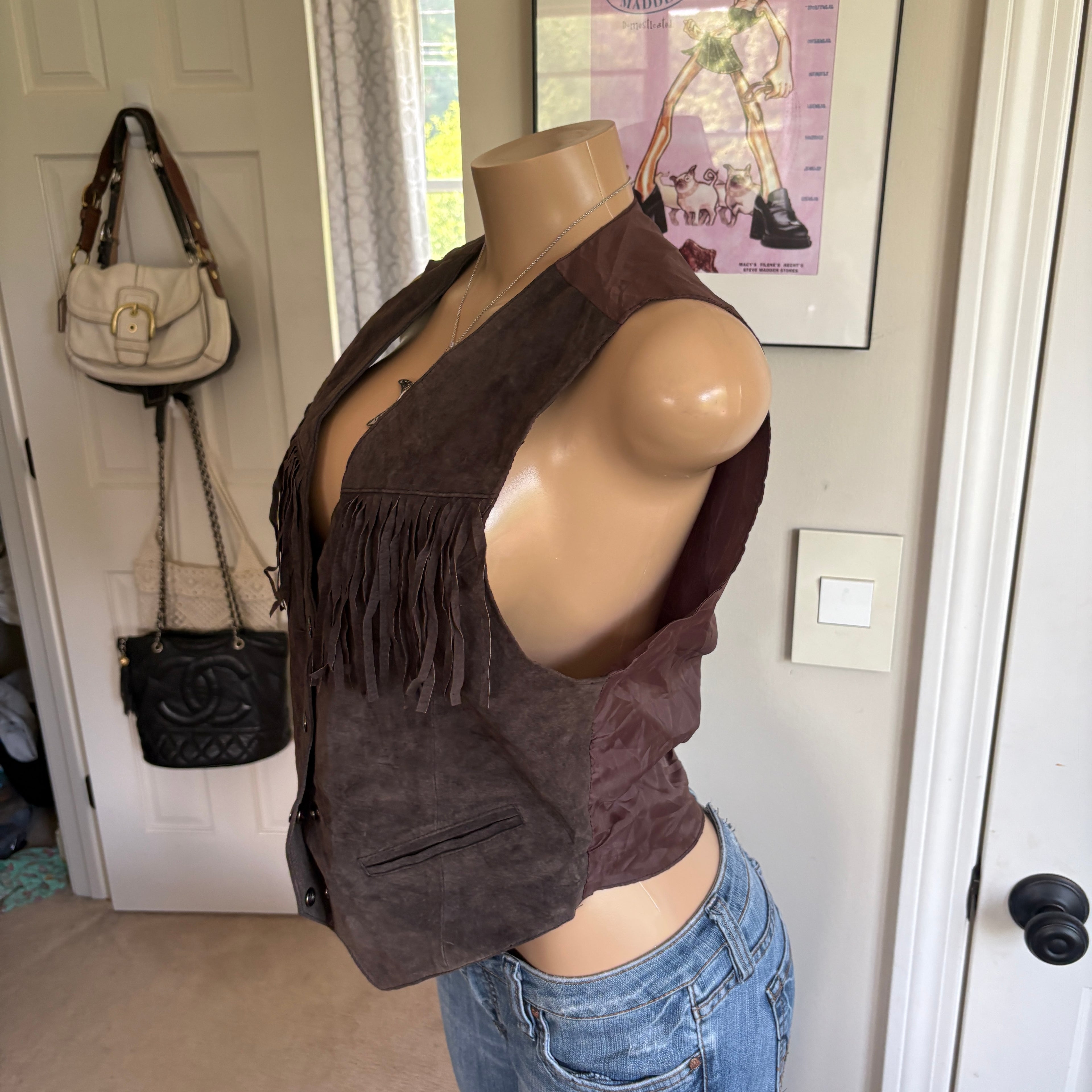 00s western brown leather fringe vest (size S)