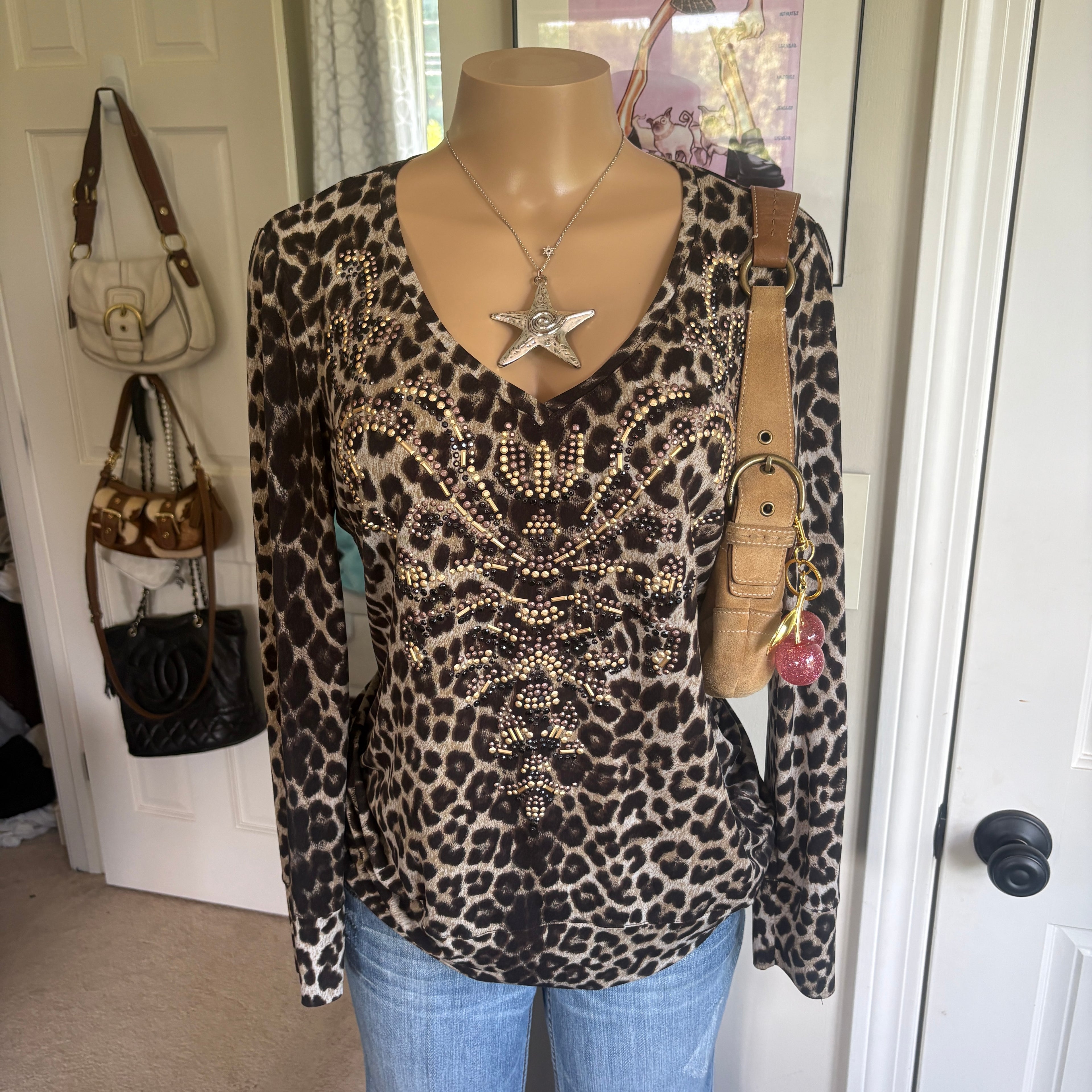 00s Cache leopard print studded long sleeve (size L)