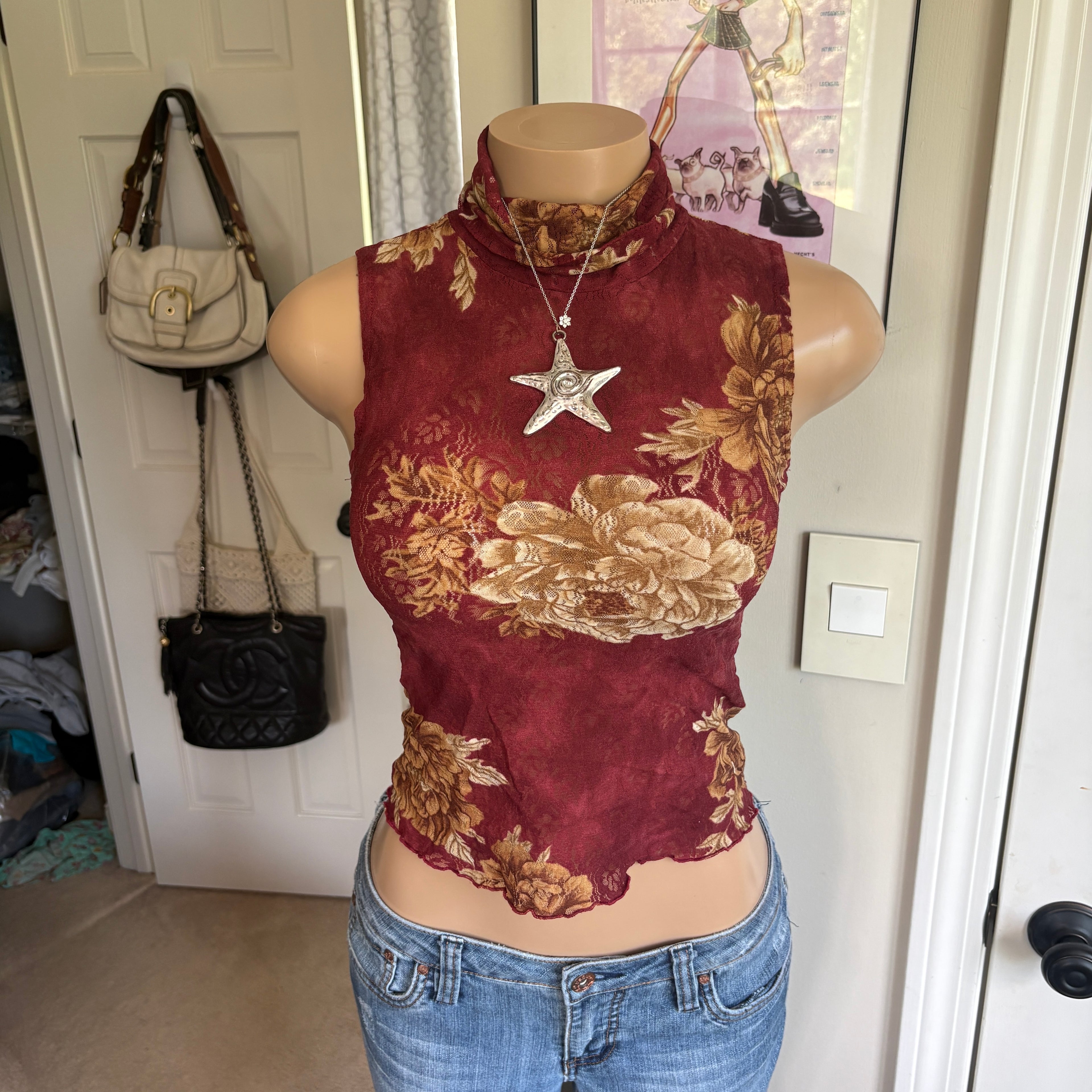 00s italian red floral turtleneck tank top (size S)