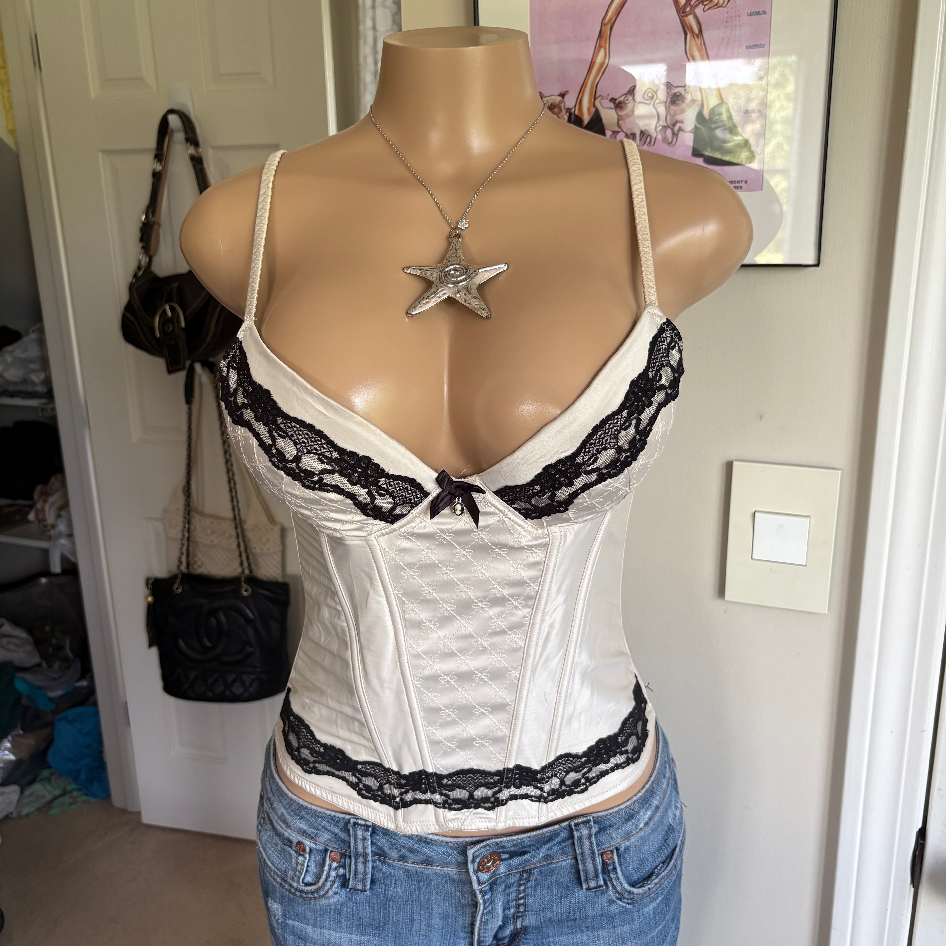 00s white & black lace corset bustier top (size L)