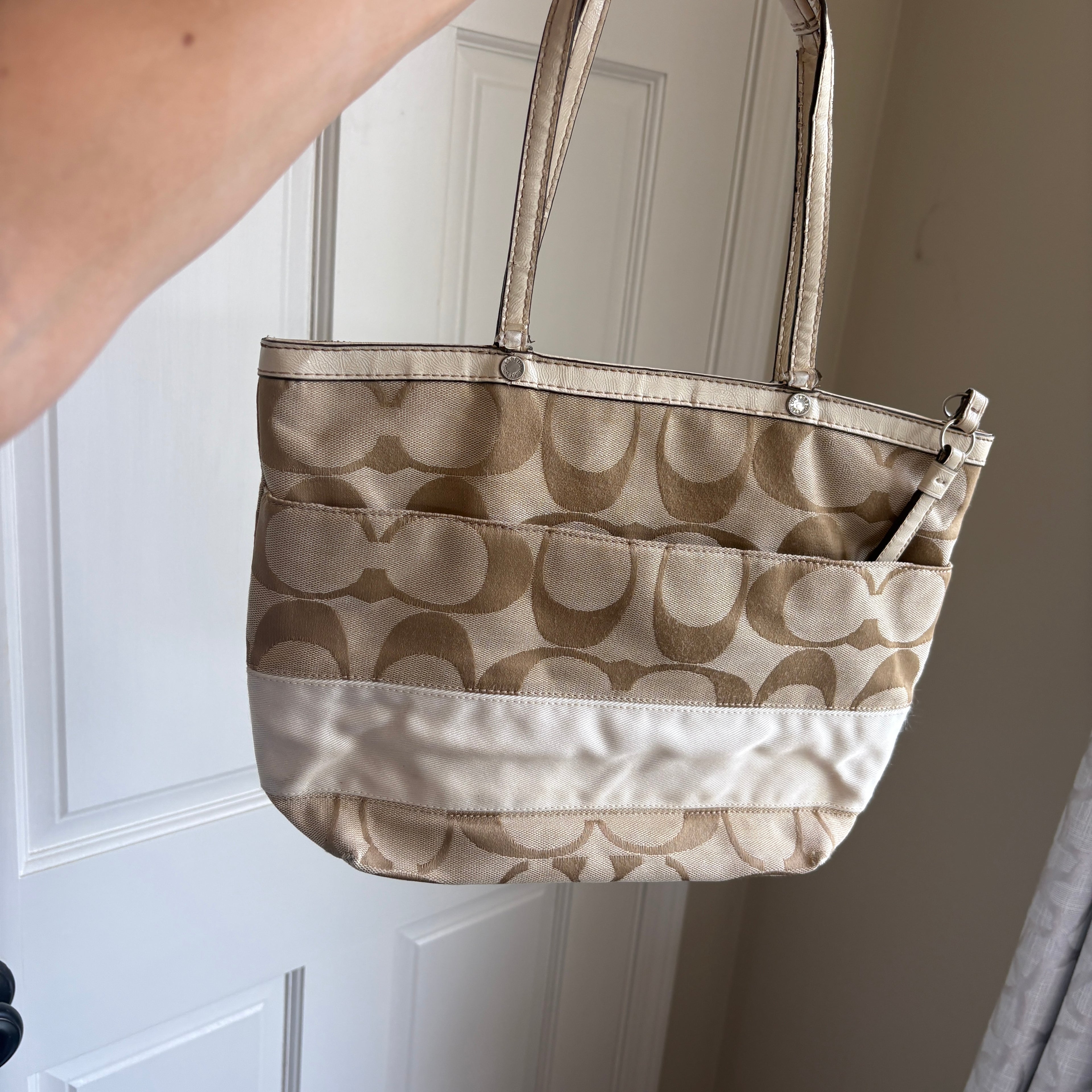 00s vintage Coach signature khaki & white stripe shoulder bag