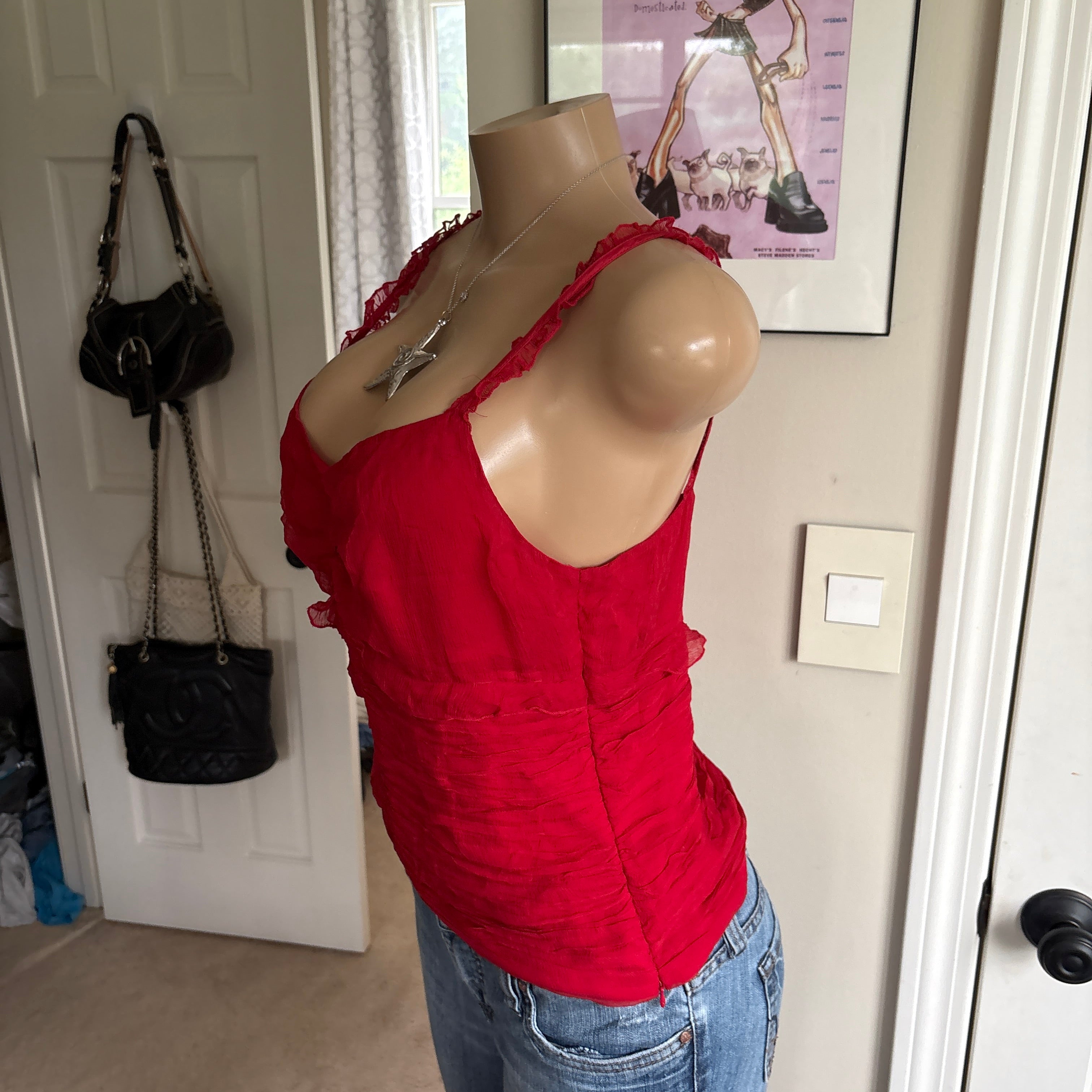 00s red silk cami tank top (size M)