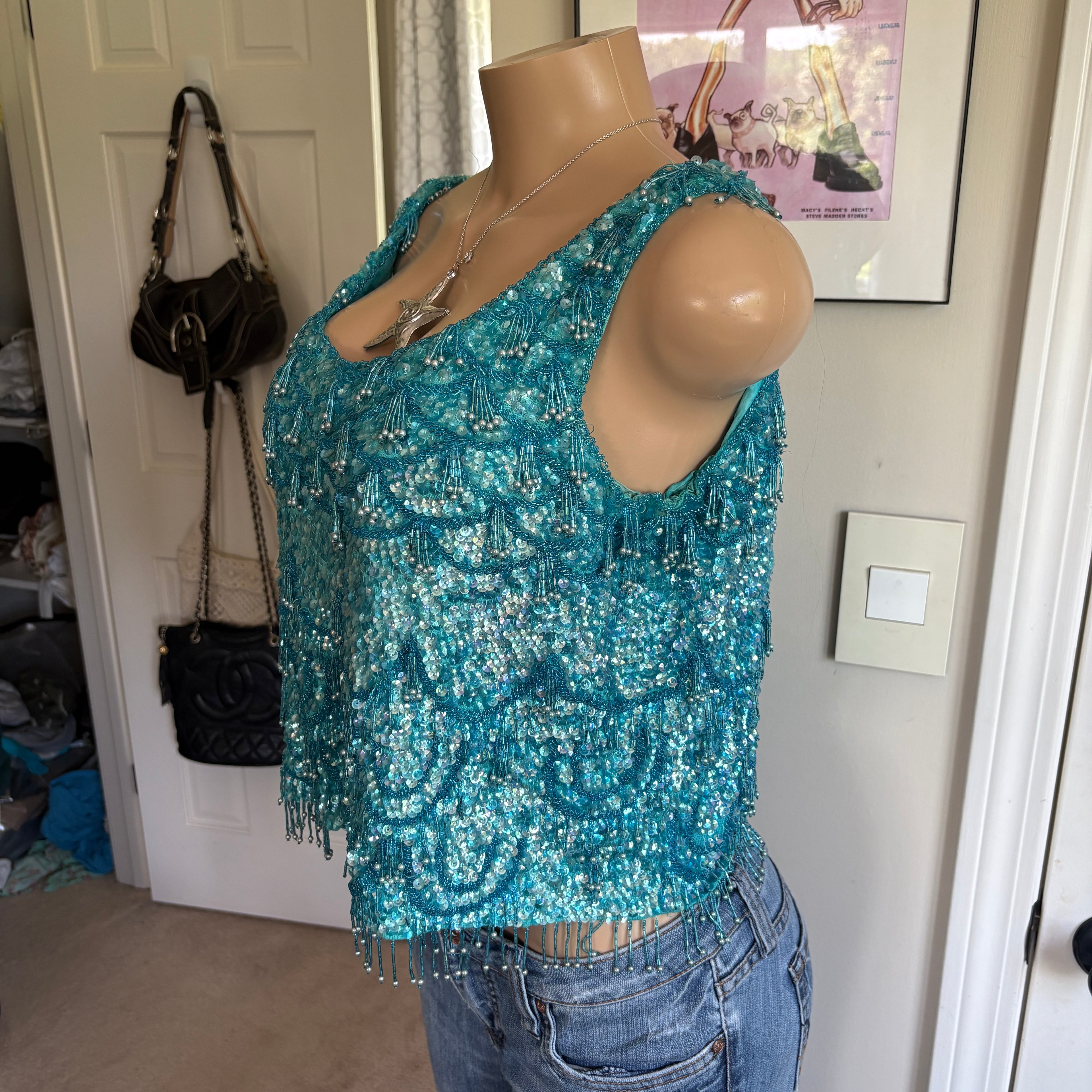 00s blue mermaid beaded tank top (size L)