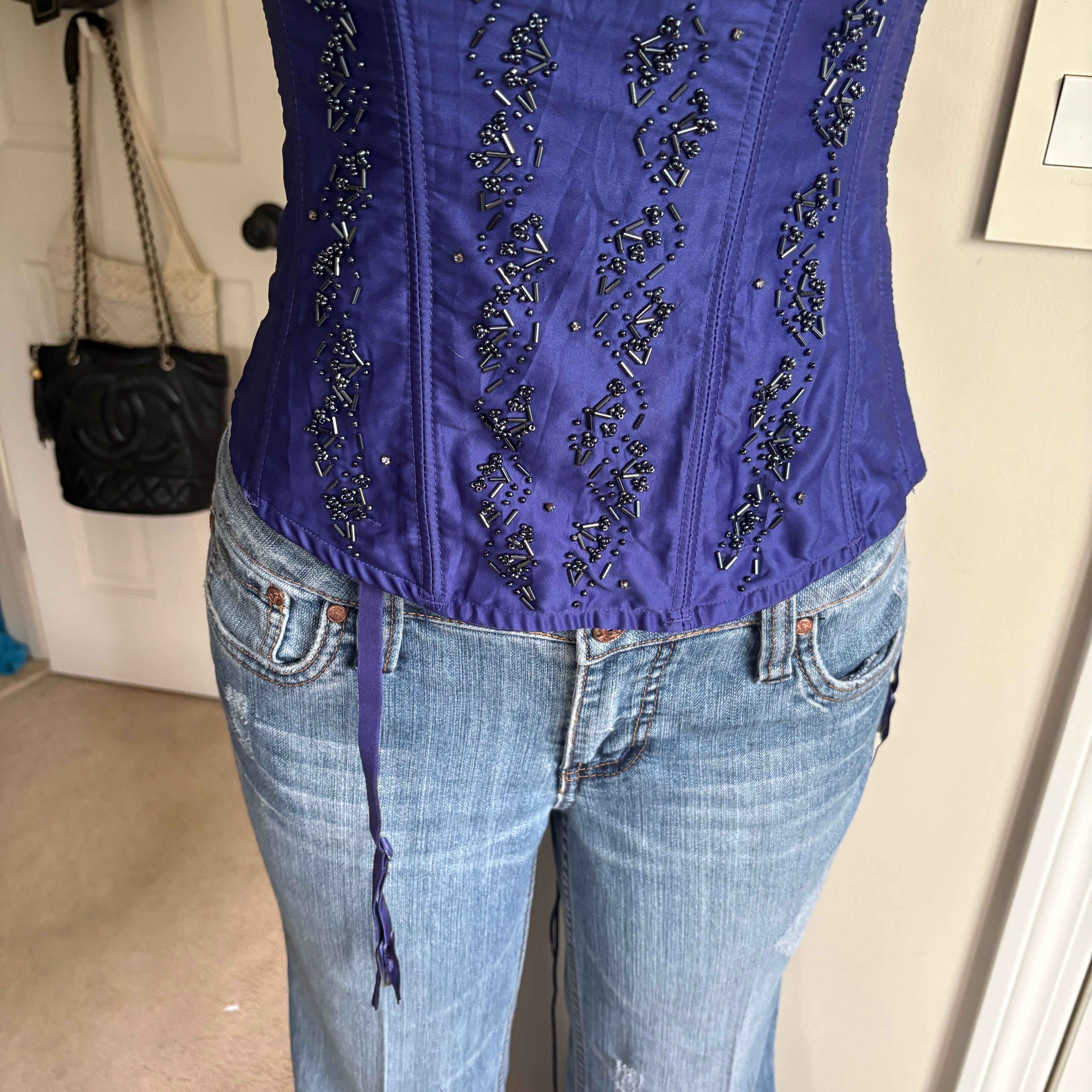 00s Frederick's of Hollywood blue beaded corset top (size S)