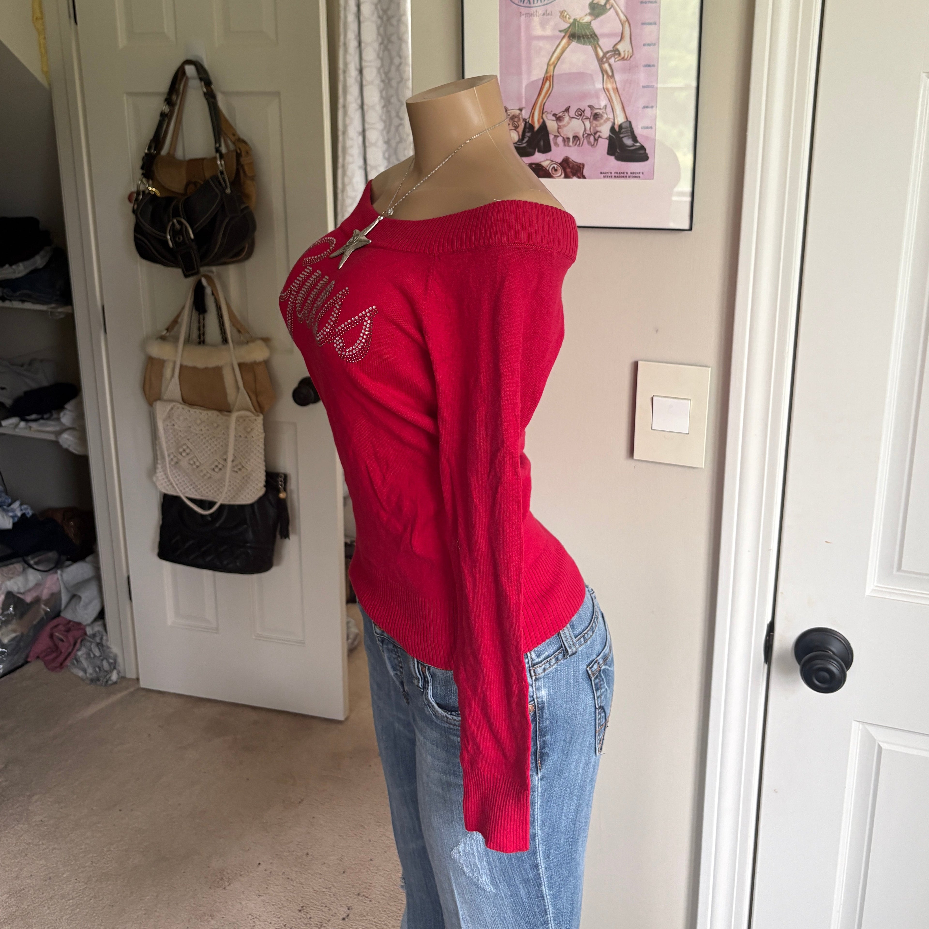 00s Guess red rhinestone spellout sweater (size M)