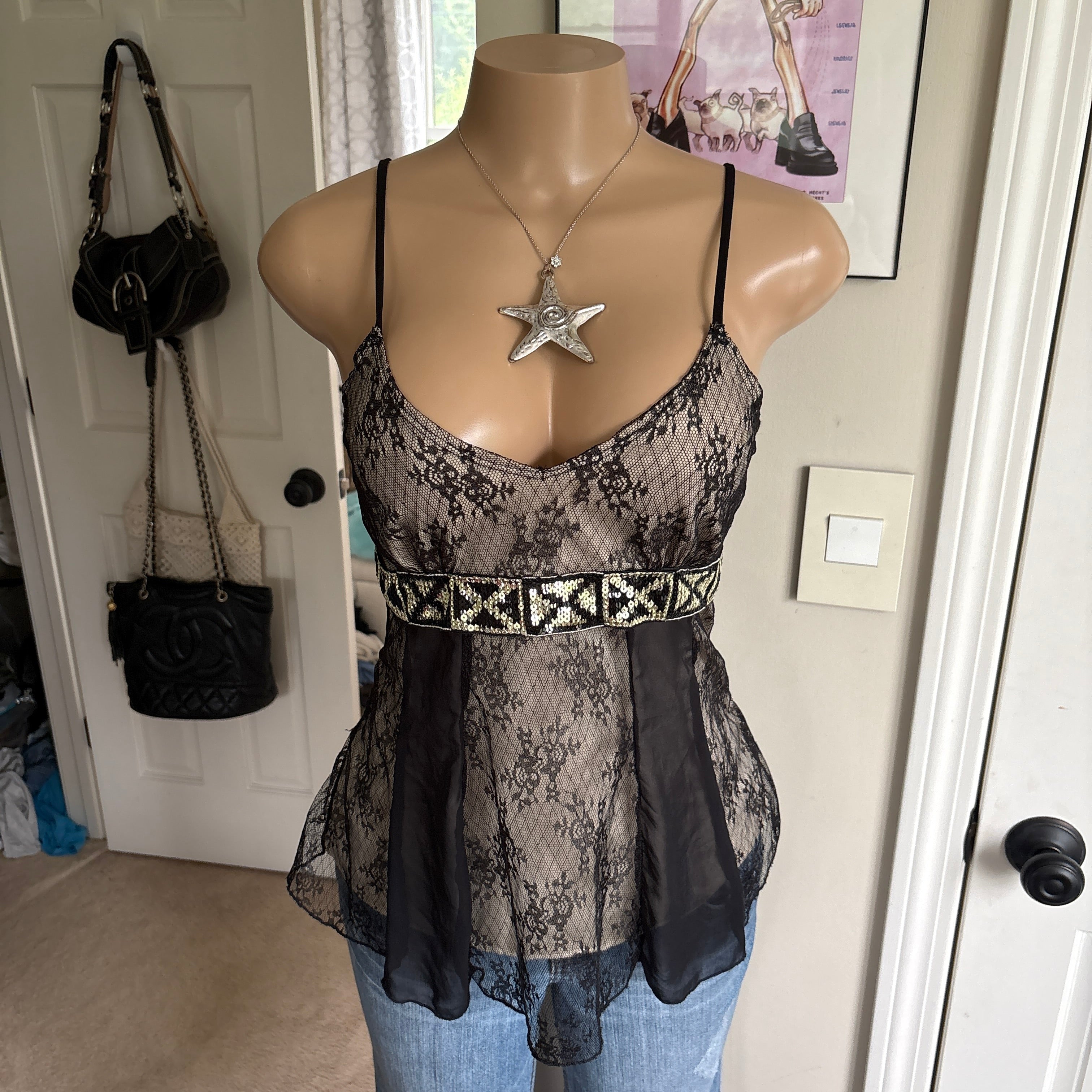00s MKM unqiue black floral lace cami (size S)