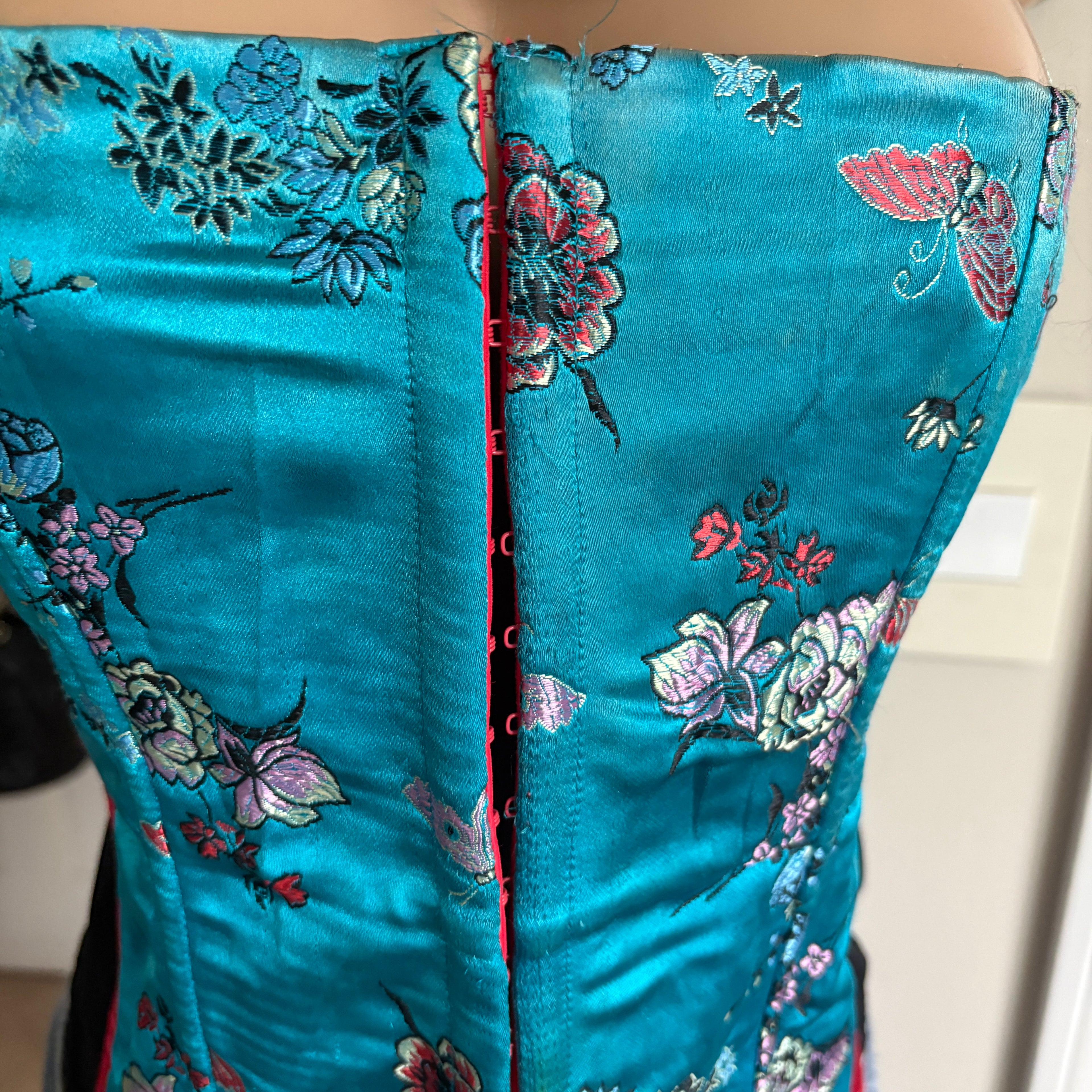 00s blue floral strapless corset top (size L)