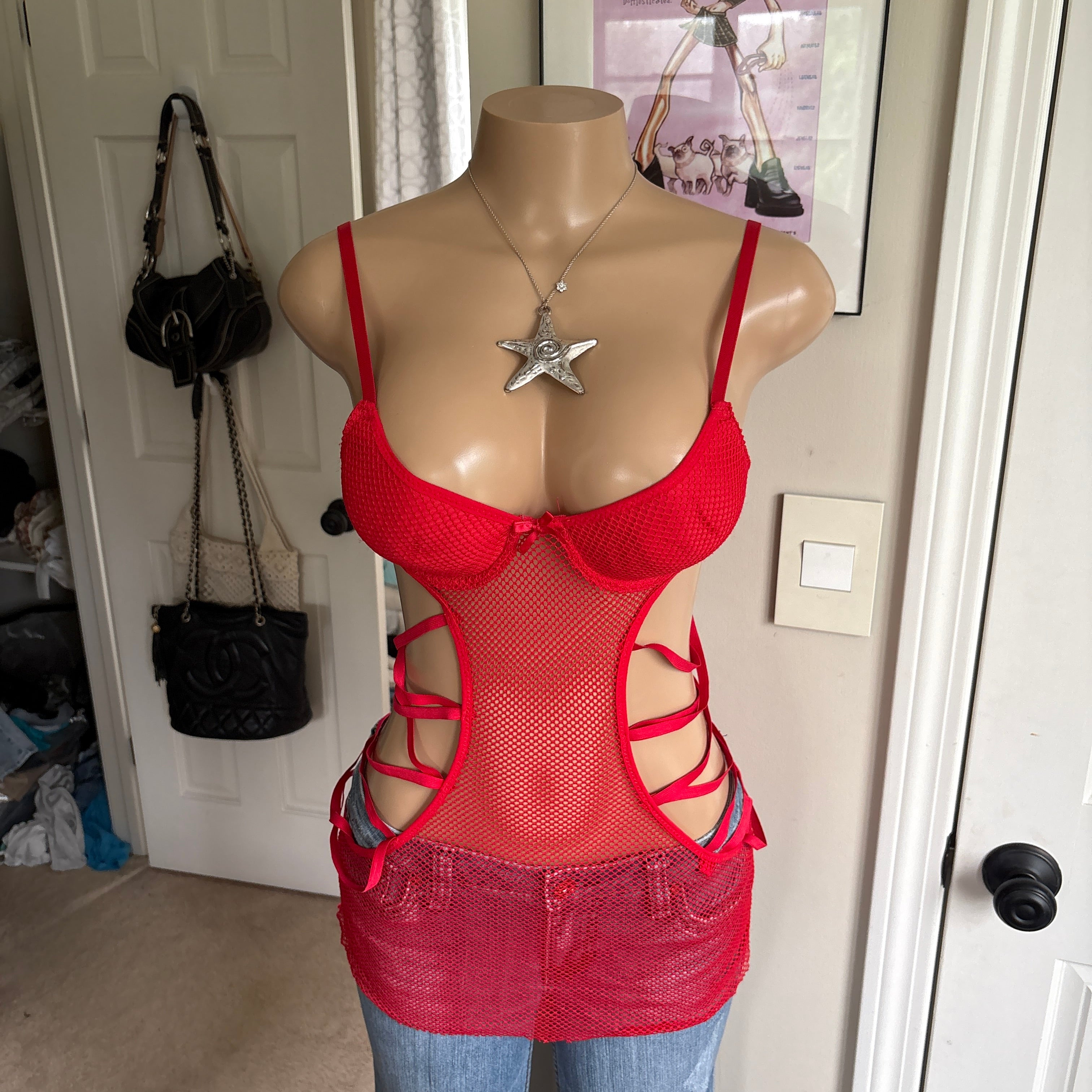 00s red mesh cutout lingerie cami (size M)