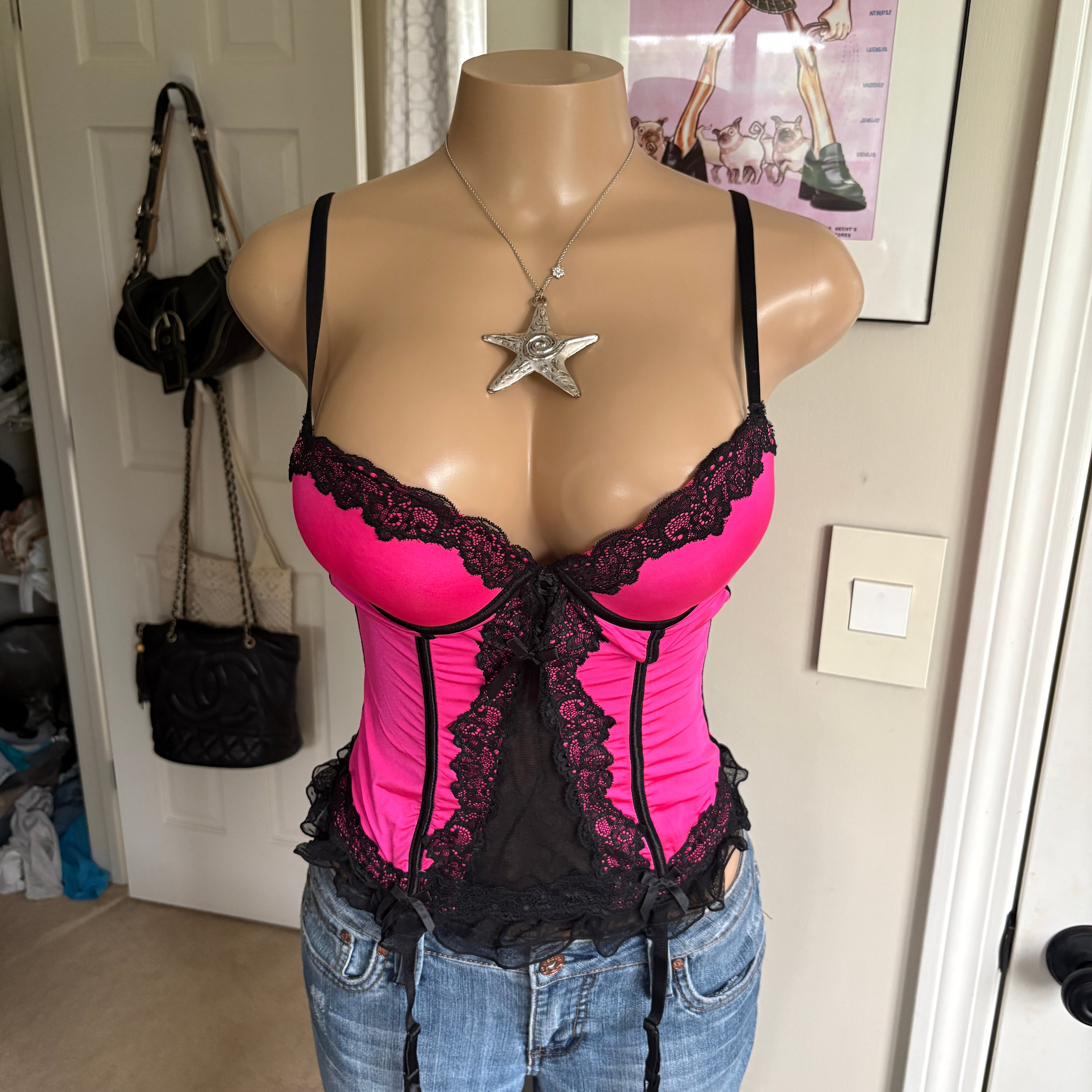 00s pink & black bustier corset top (size M)