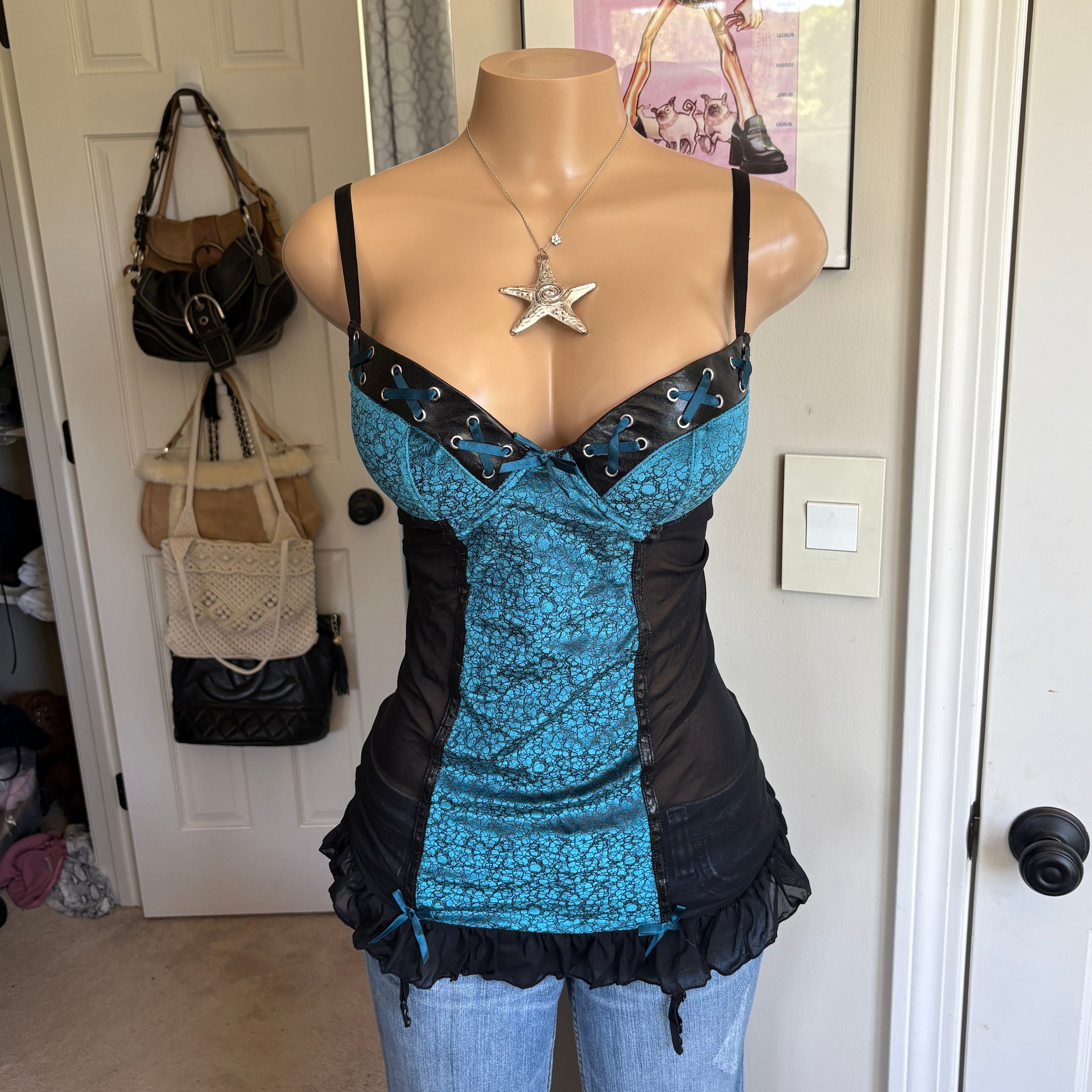 00s blue velvet grommet lingerie top (size M)