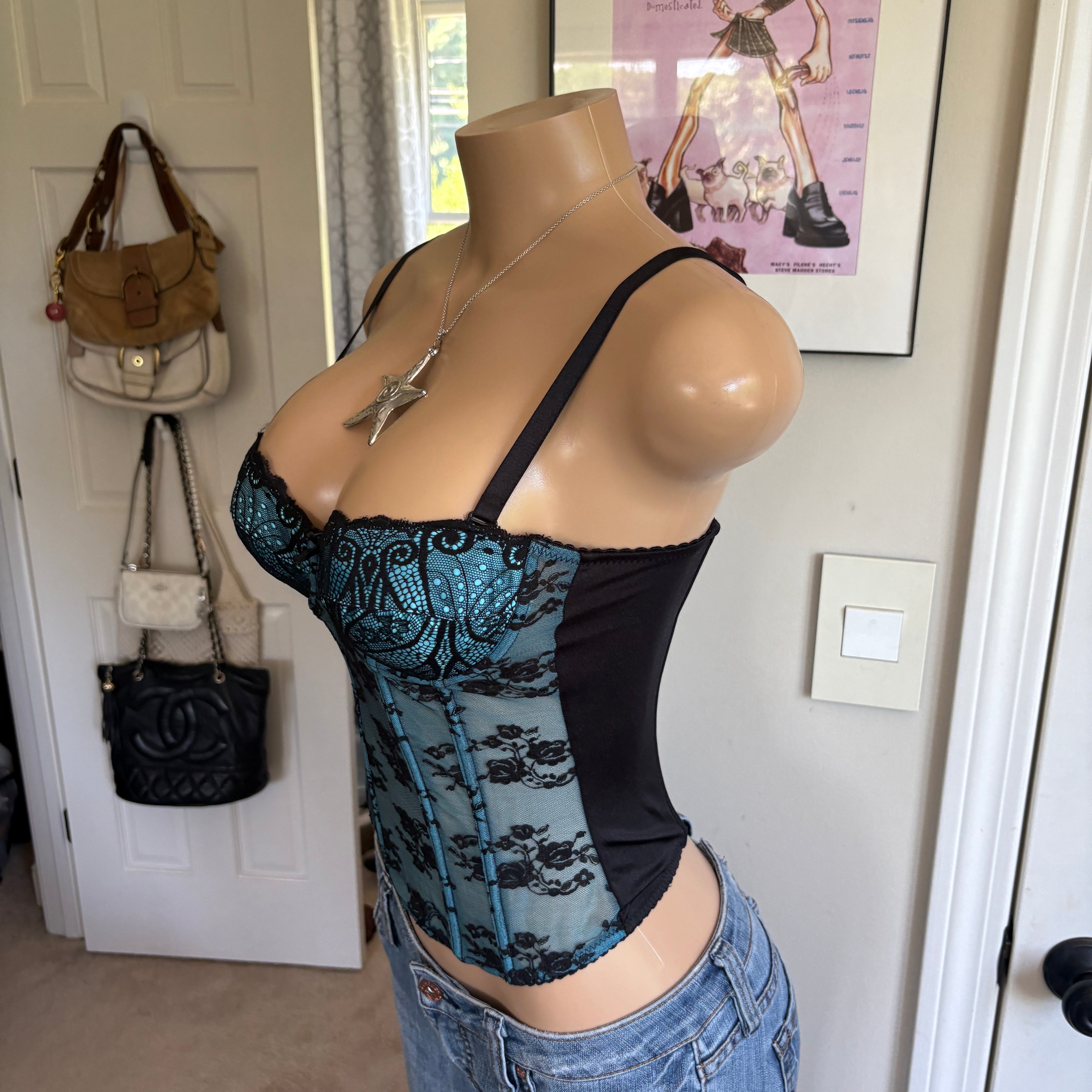 00s blue & black floral corset top (size 34C)