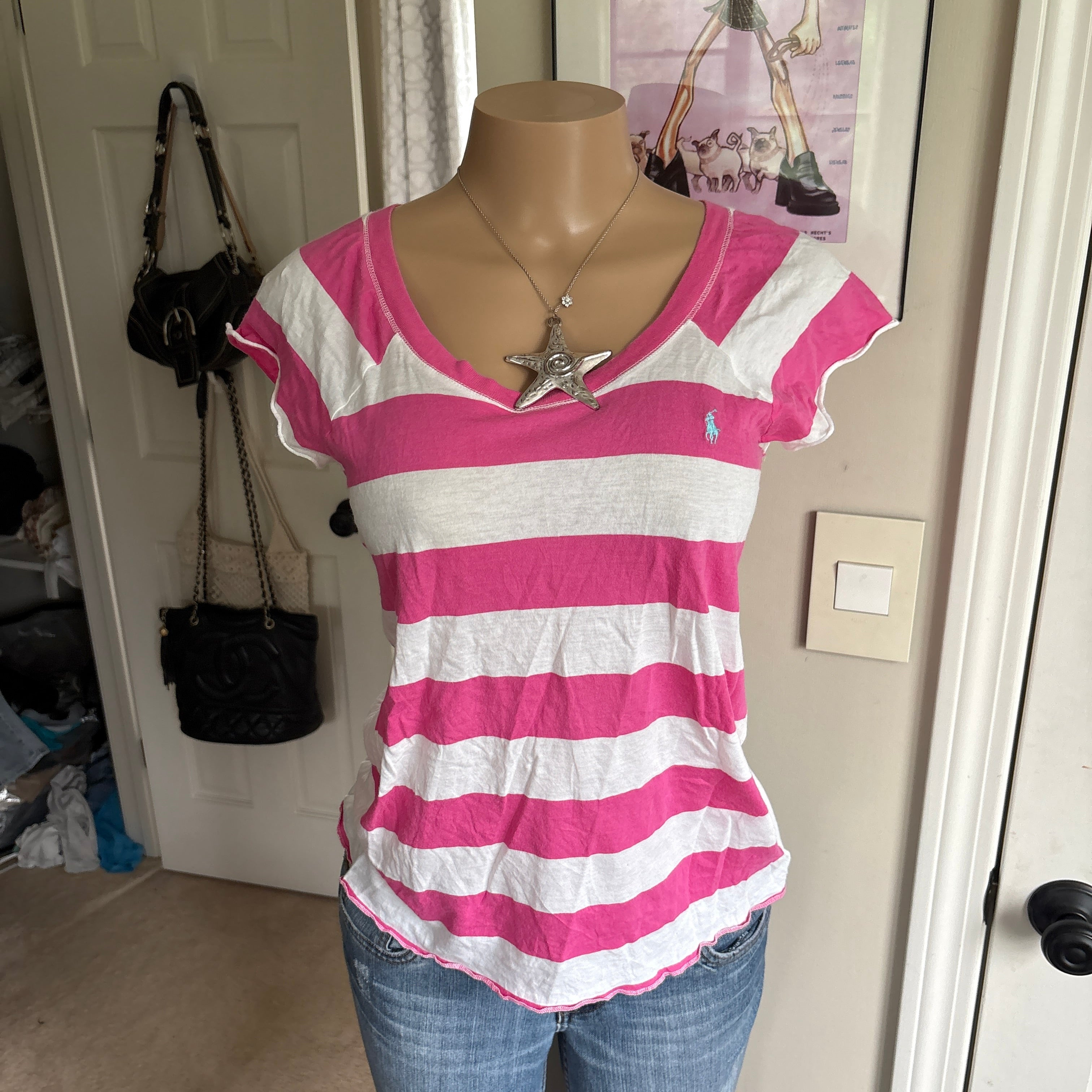 00s Ralph Lauren pink & white striped t shirt (size XS)