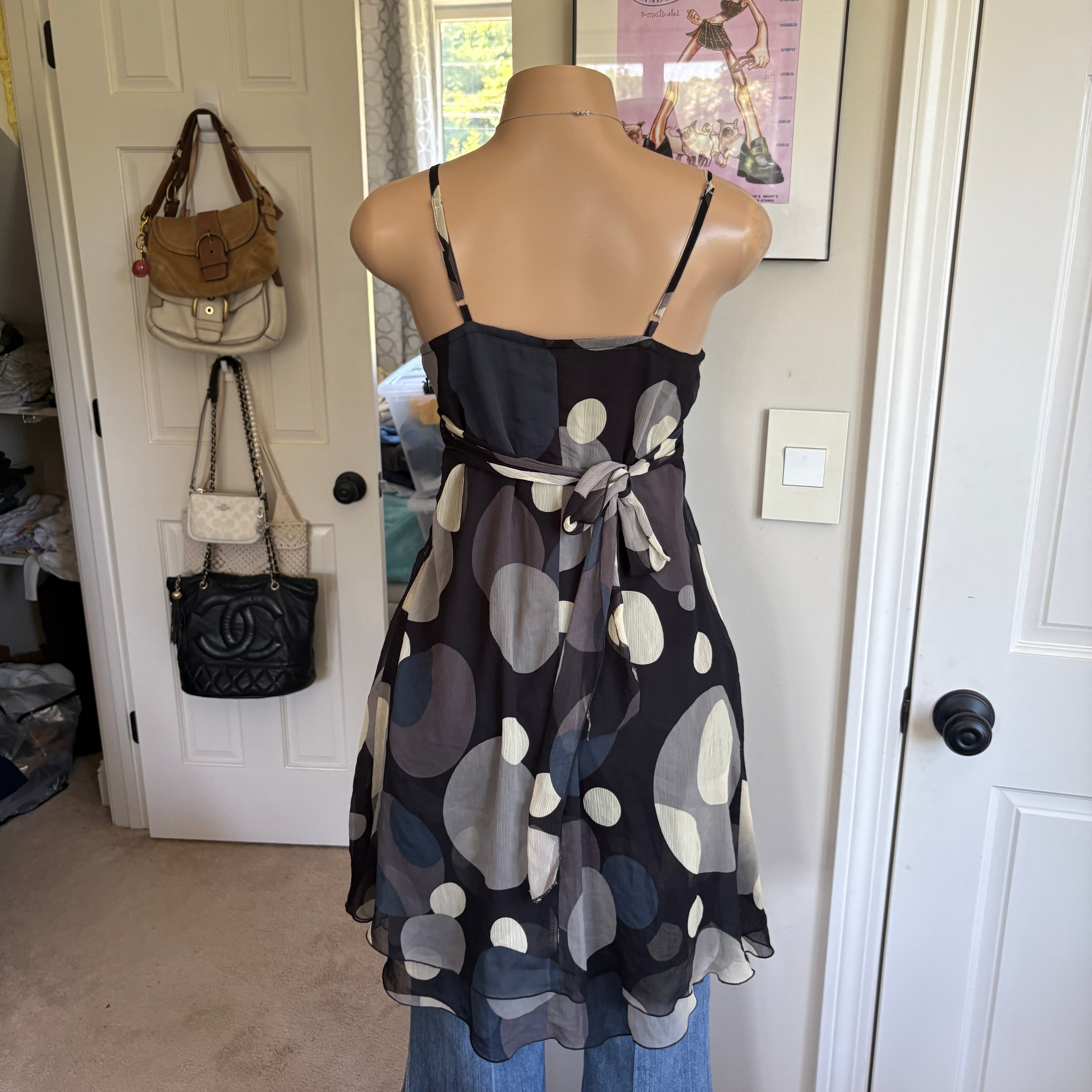 00s black & gray polka dot tie back dress (size M)