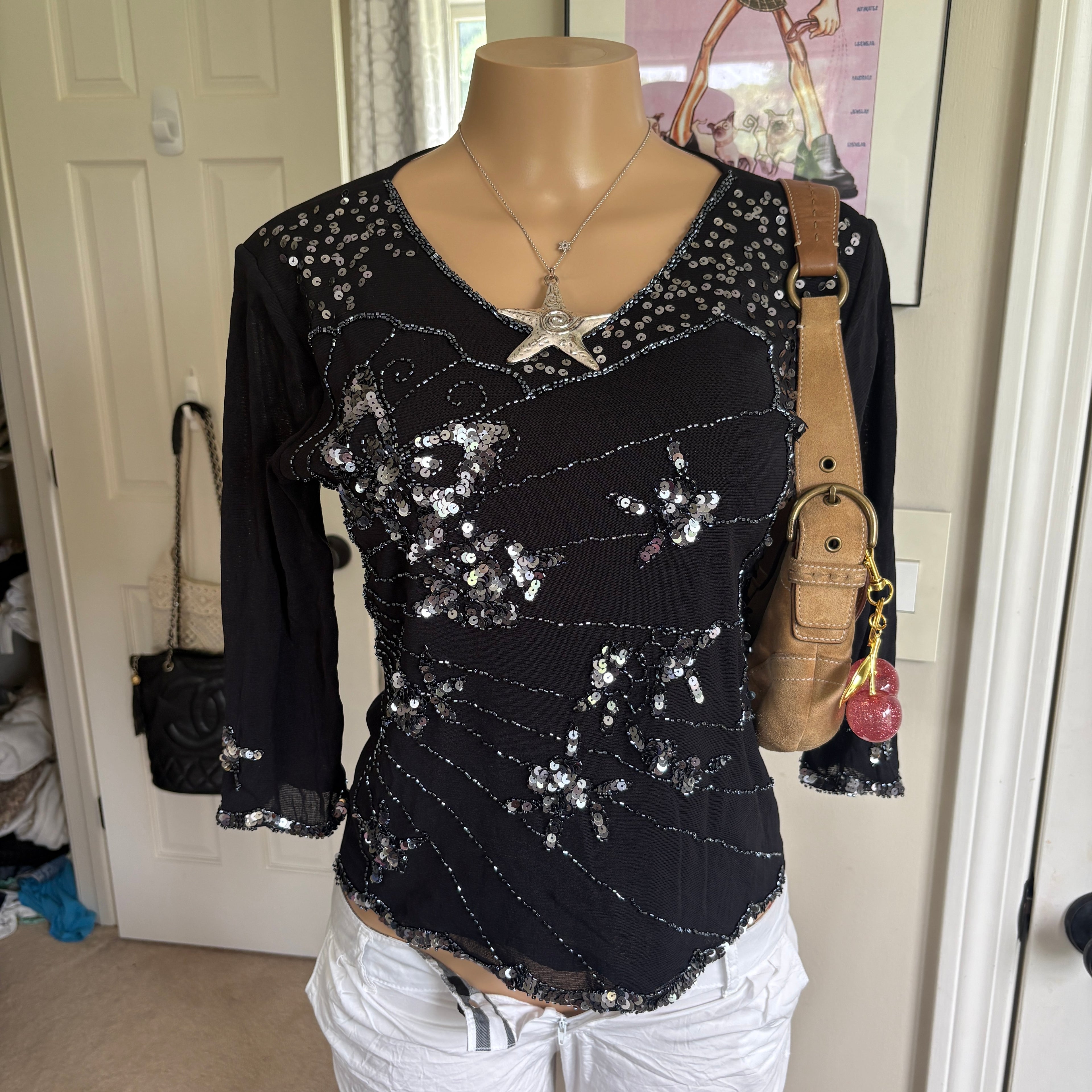 00s black sequin butterfly top (size M/L)