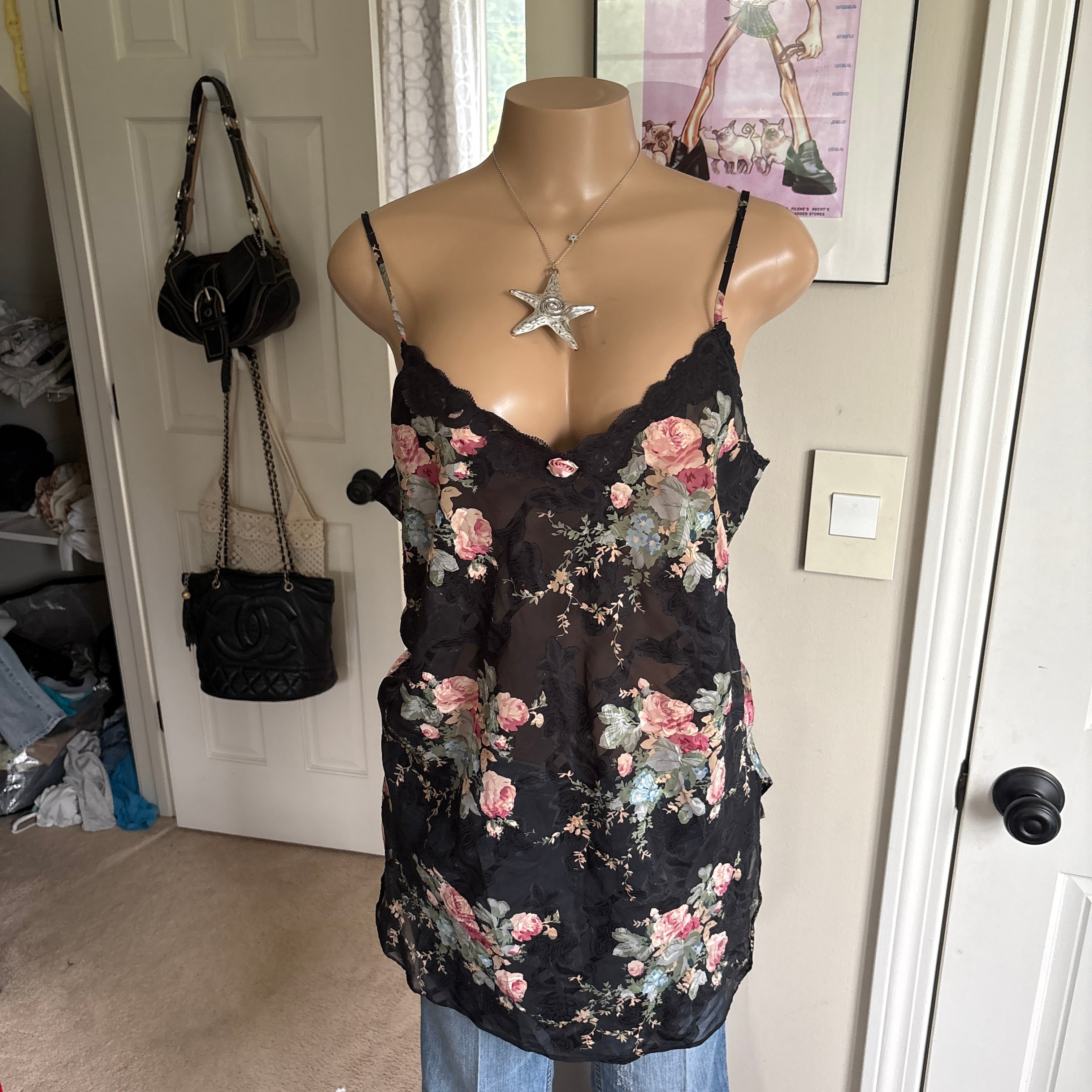 00s Linea Donatella black floral slip cami (size L)