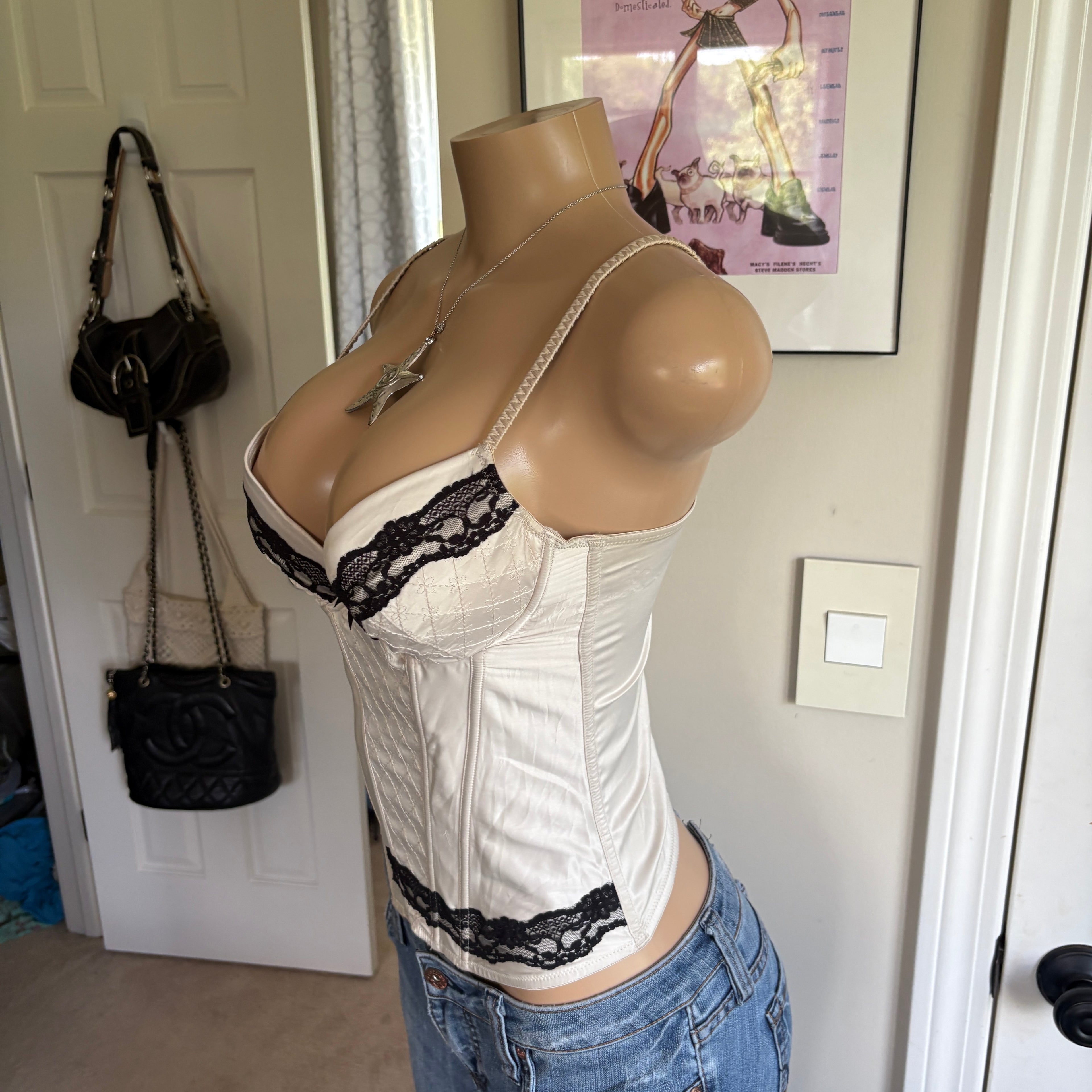 00s white & black lace corset bustier top (size L)