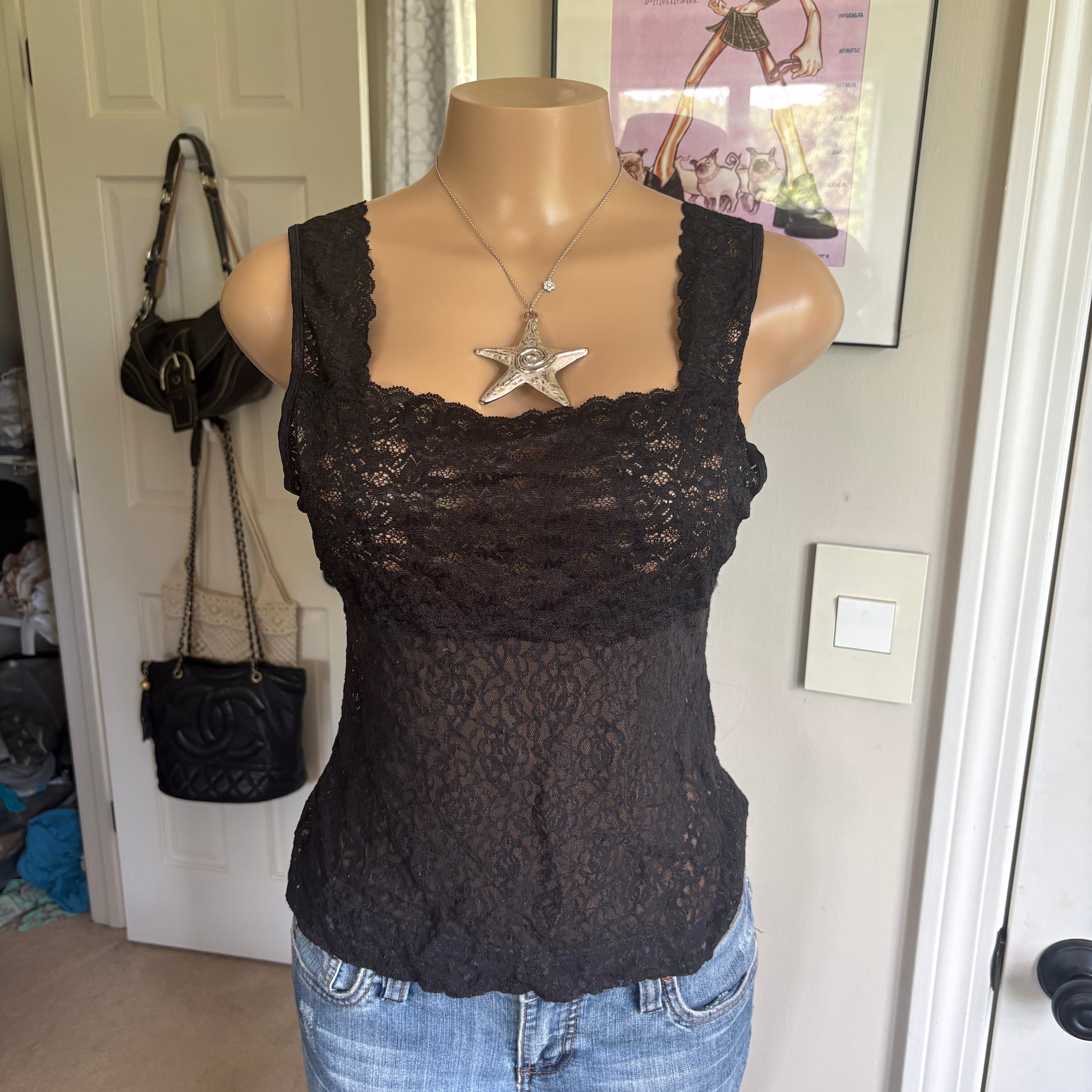 00s black floral lace tank top (size L)