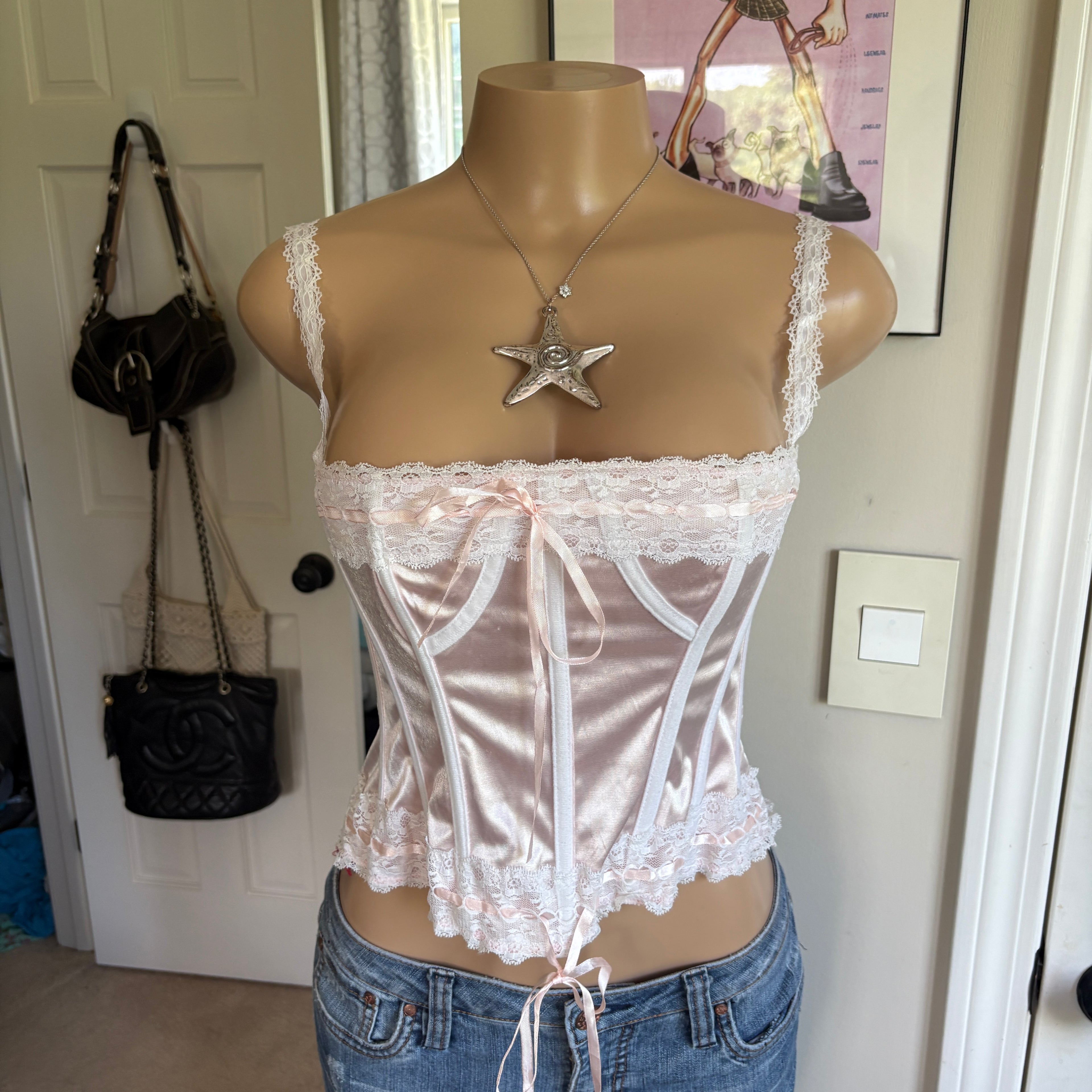 00s baby pink & white lace bow corset cami top (size S)