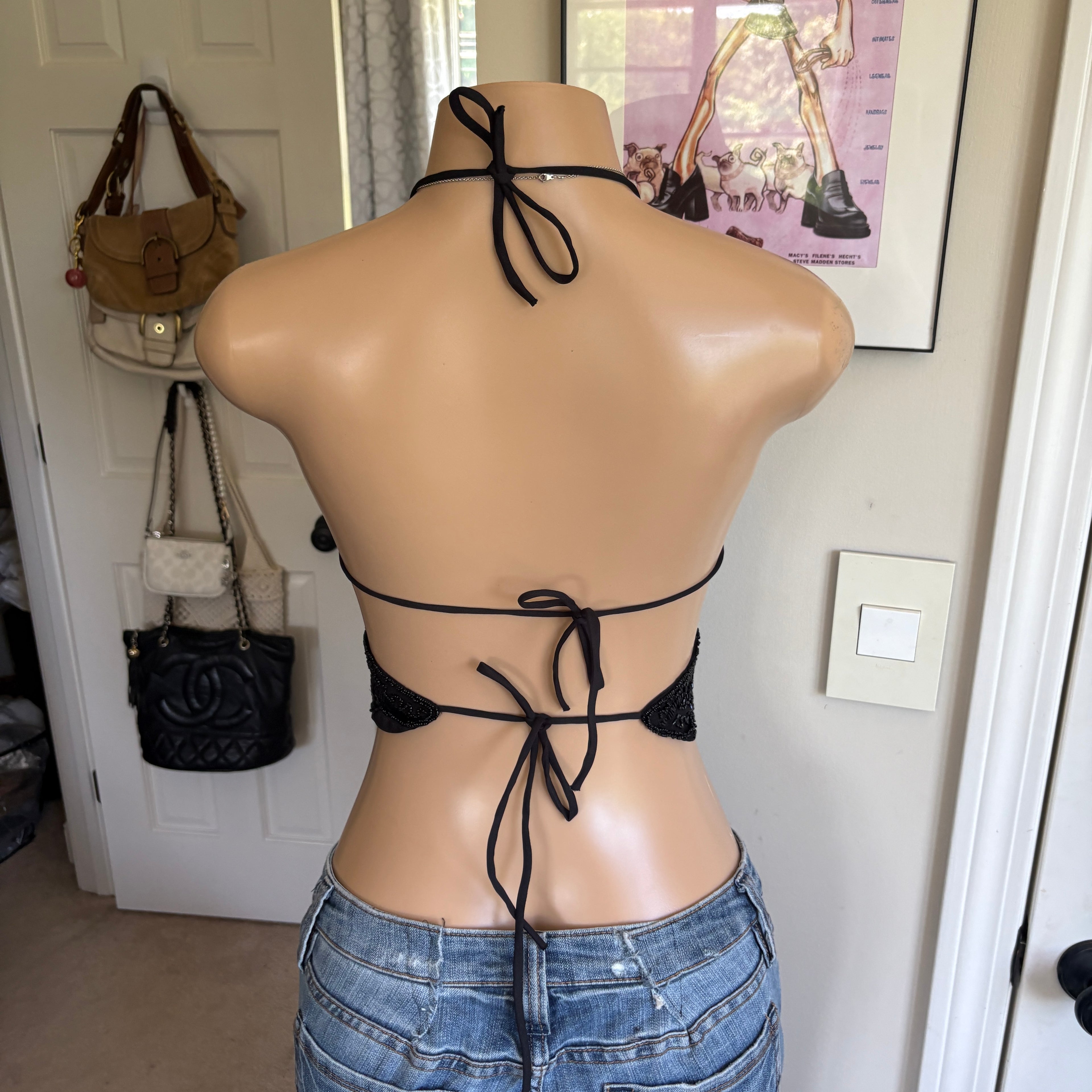 00s black beaded butterfly halter top (size S)