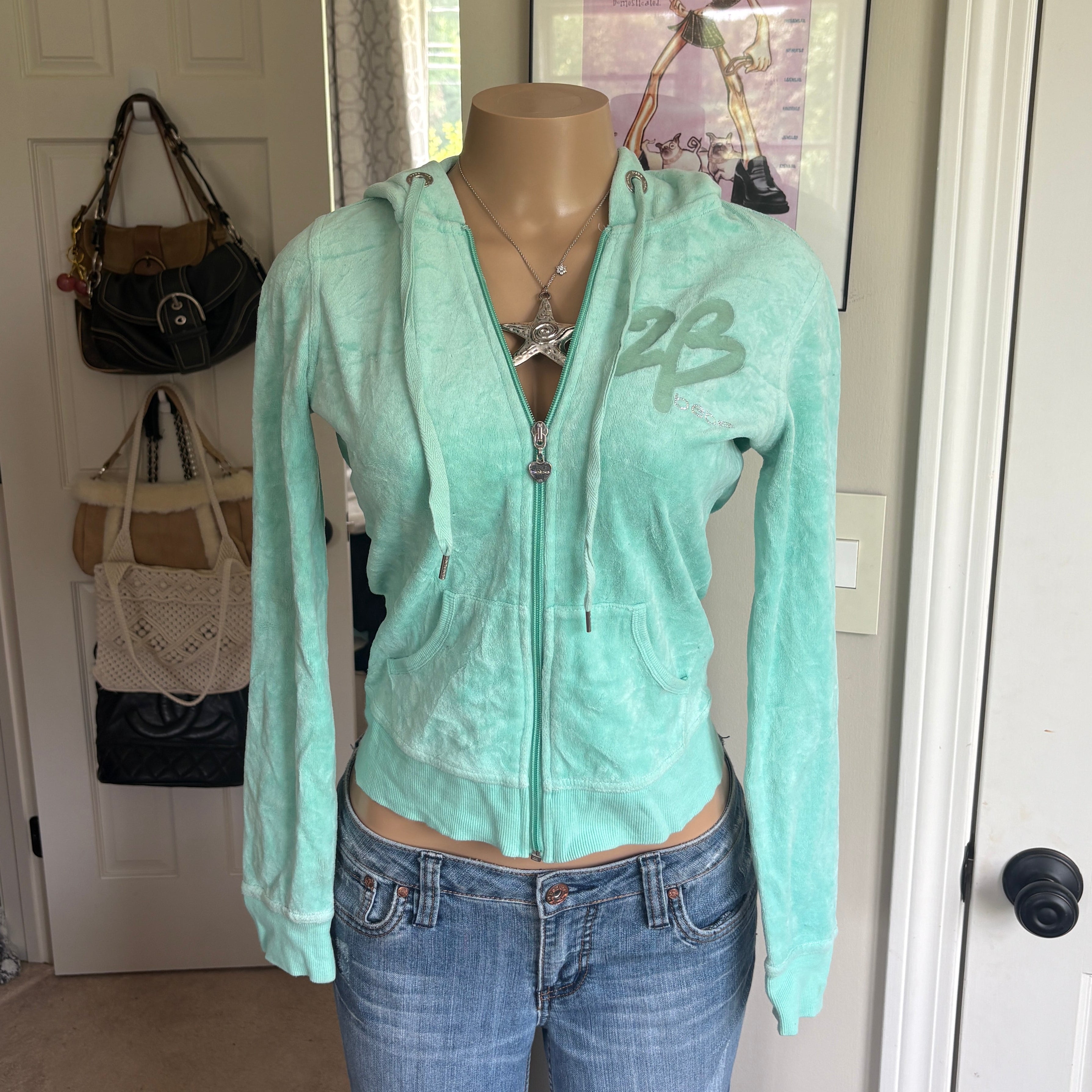 00s Bebe blue velour spellout zip hoodie (size S)